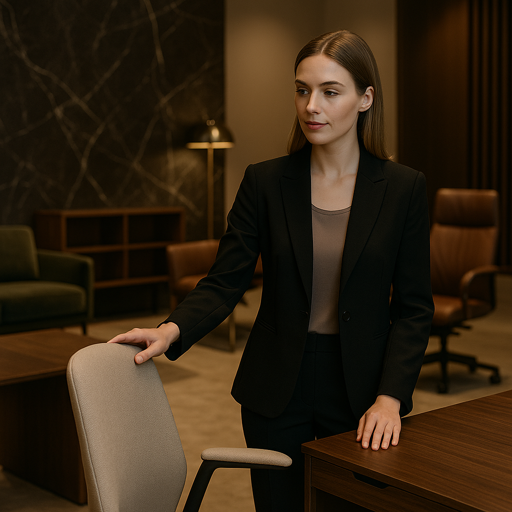 A woman in a black blazer and beige top standing behind a conference table in a modern office, with her hand resting on a beige office chair.