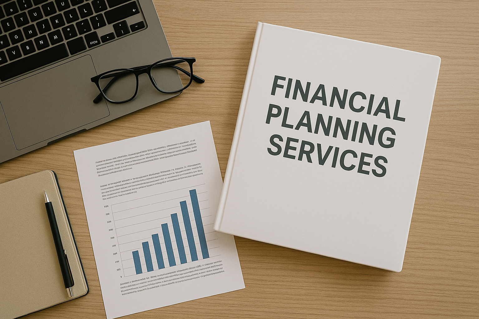 A workspace featuring a laptop, a pair of glasses, a notebook with a pen, a chart with a rising bar graph, and a large white book titled 'Financial Planning Services' on a wooden desk.