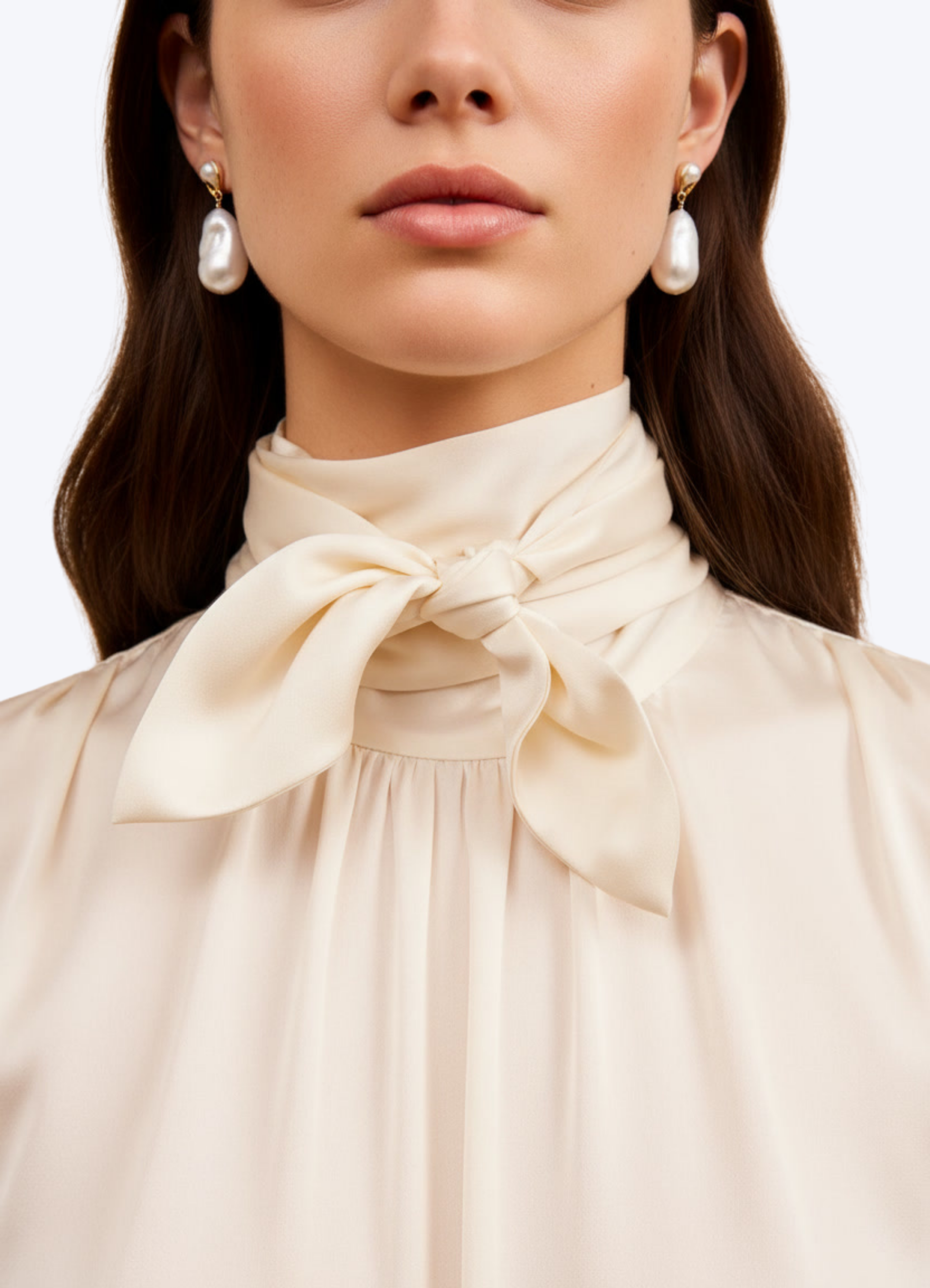 Cream Silk Top + Pearl Earrings