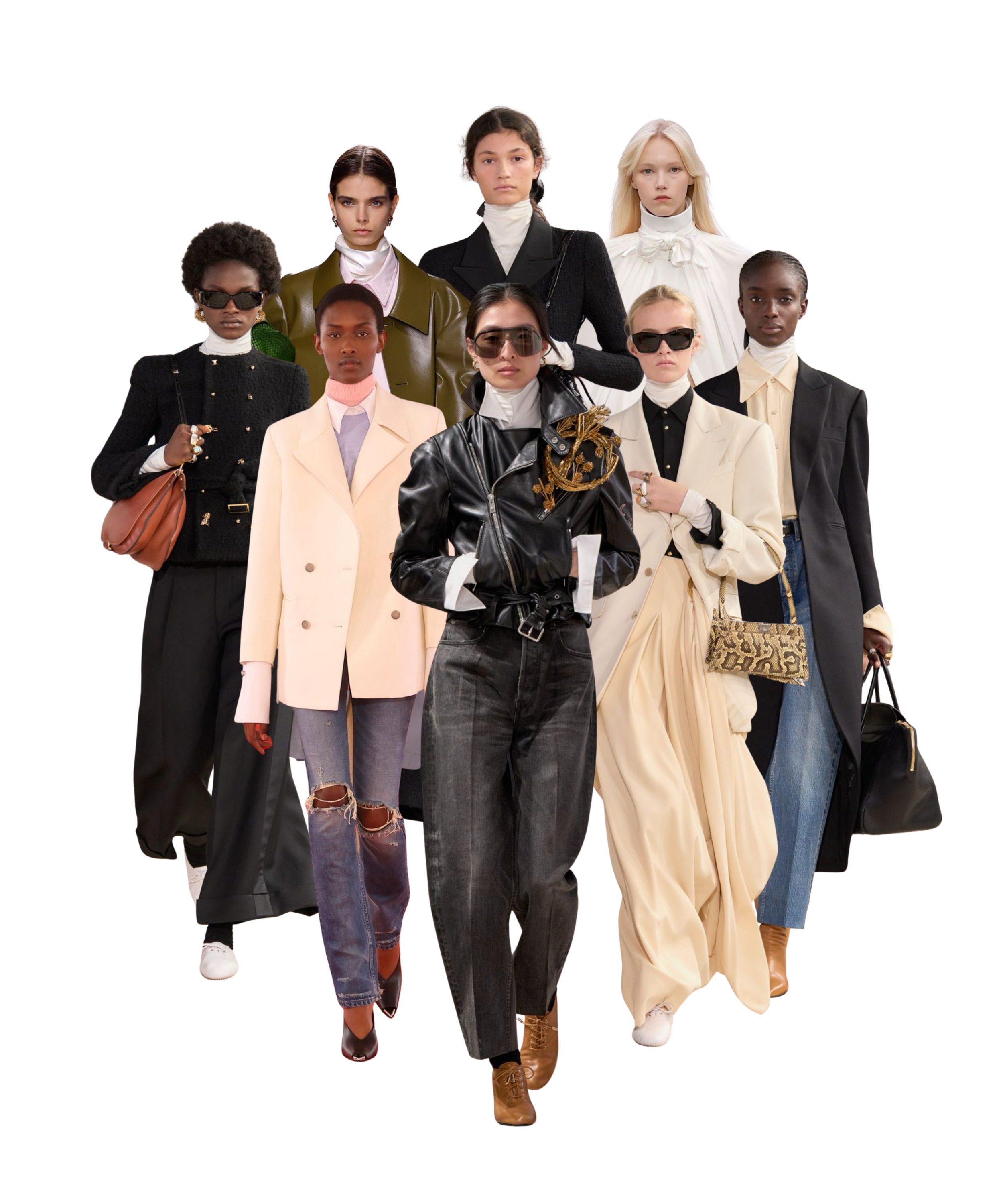 SS2026 runway looks showcasing the trend of wearing a turtleneck as underlayer.