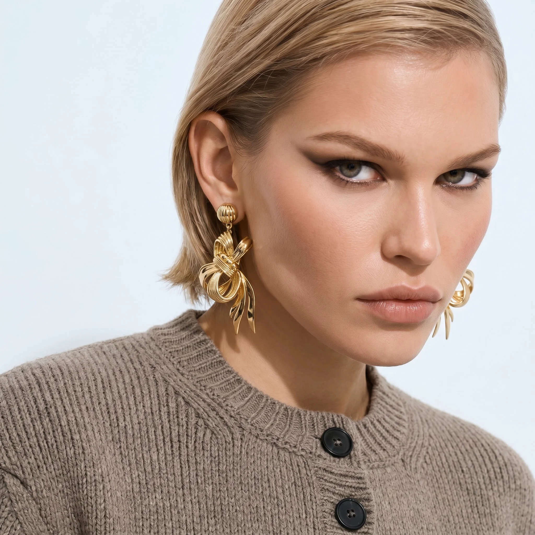 The Taupe Structured Knit + Gold Earrings