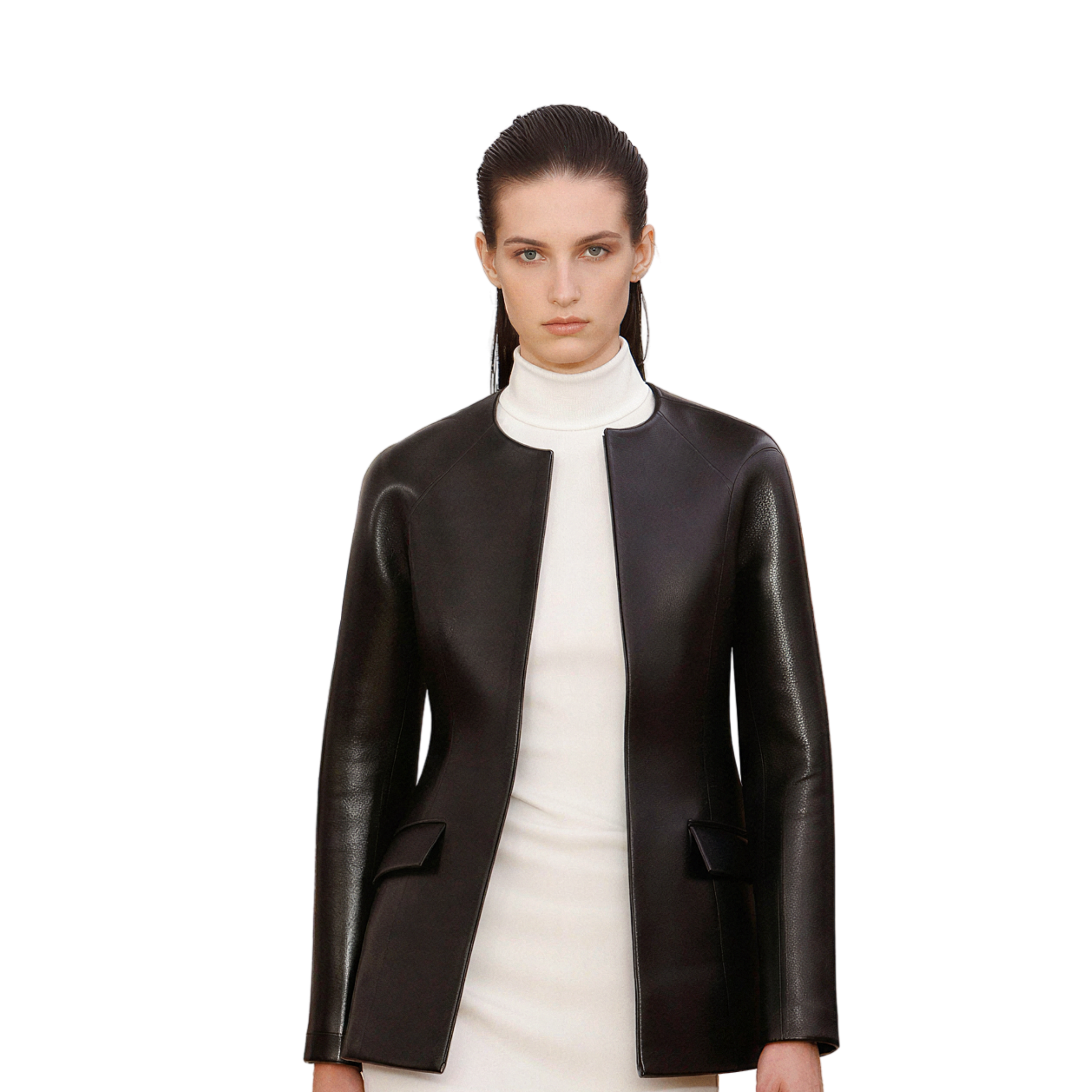 The Leather Collarless Blazer