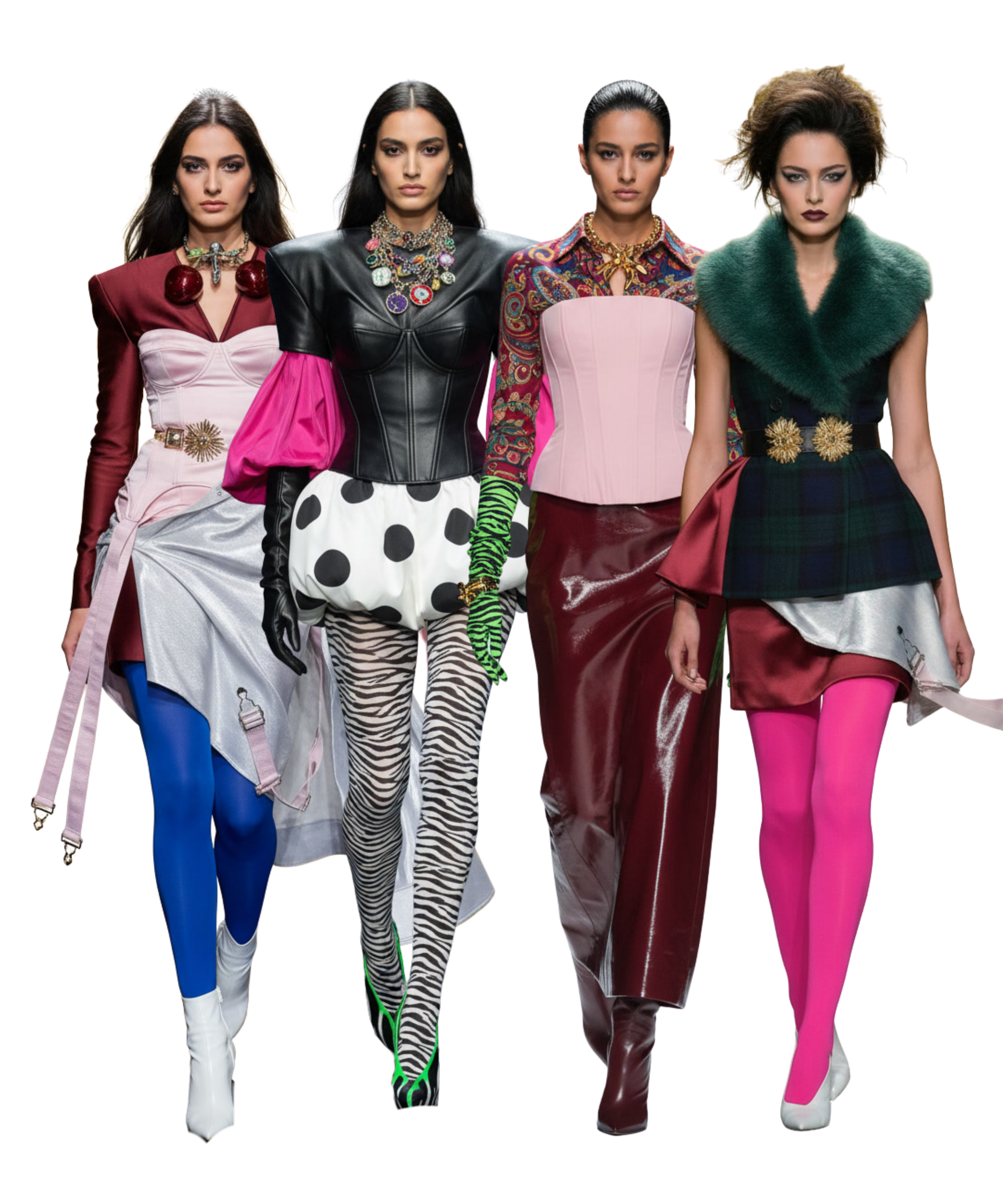 Four women in avant-garde fashion outfits walking together against a black background.