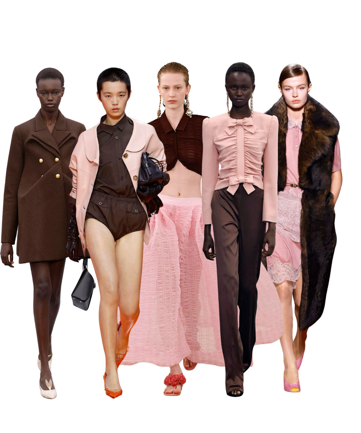 FW2025 and SS2026 runway pictures showcasing the combo of chocolate brown and light pink colors.