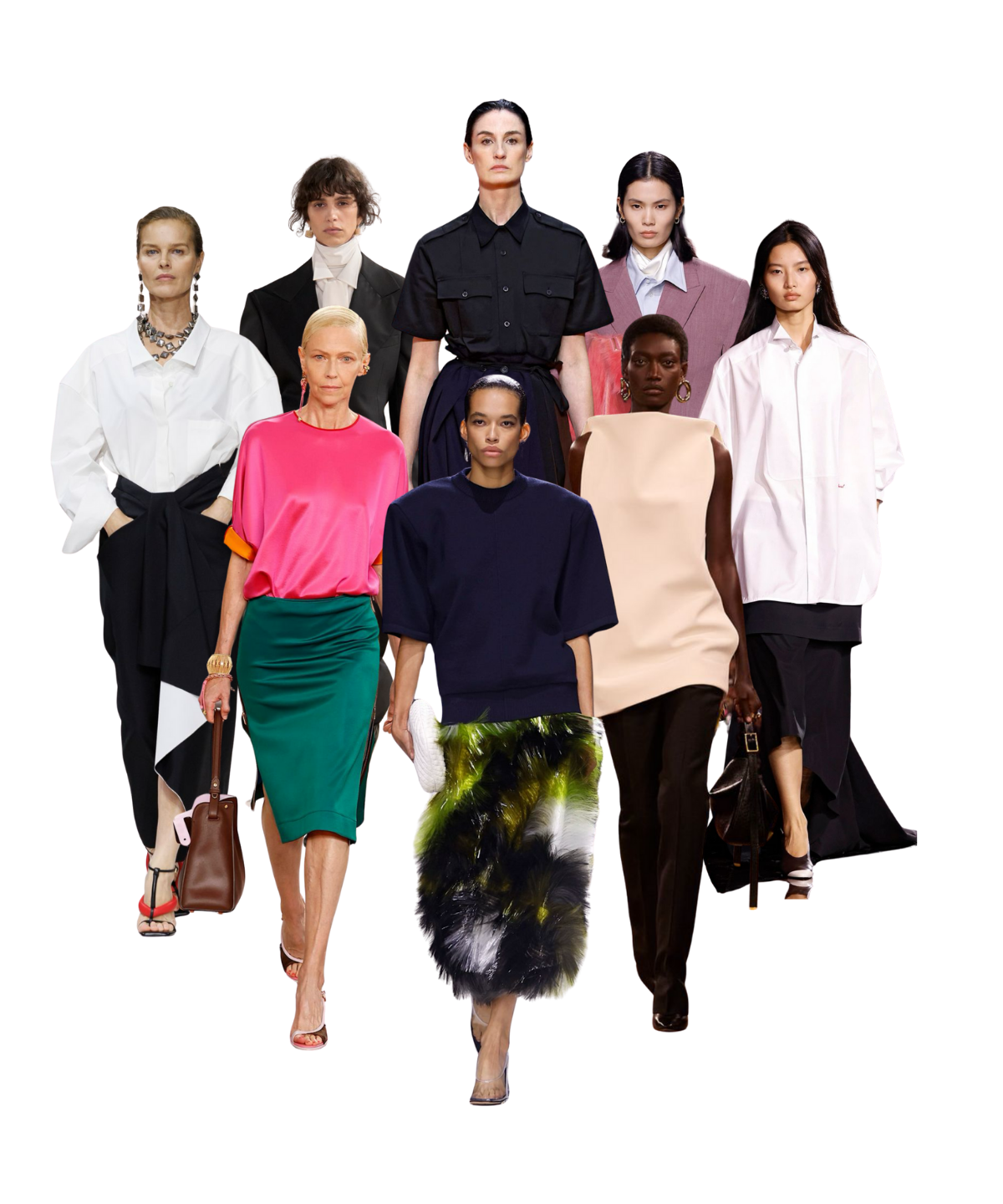 Group of diverse fashion models walking on runway during fashion show, wearing elegant and modern clothing.