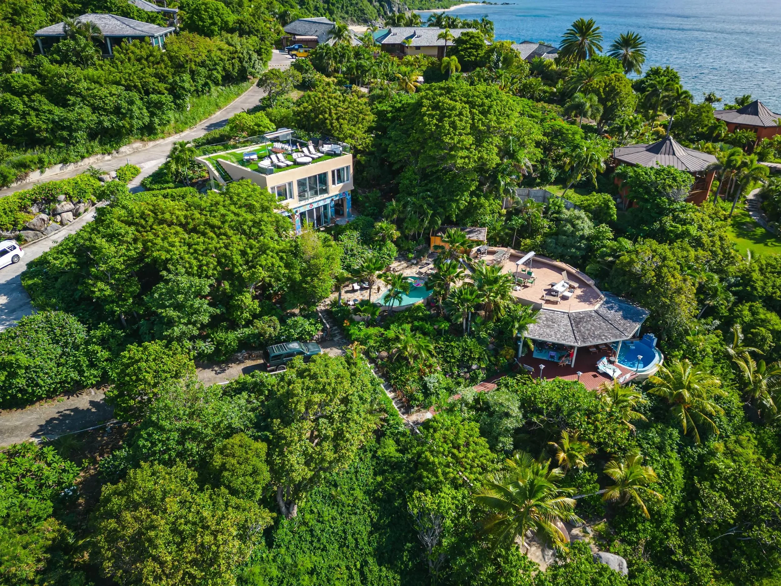 Aerial view of a lush, green residential area near a body of water with several houses, a swimming pool, and trees.