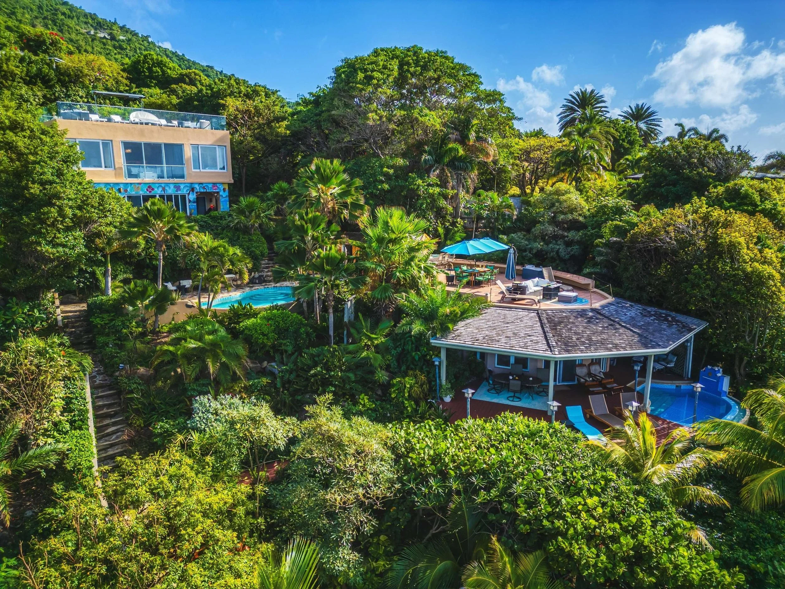 A lush green hillside with a modern house, a swimming pool, and outdoor seating areas under a blue sky with clouds.