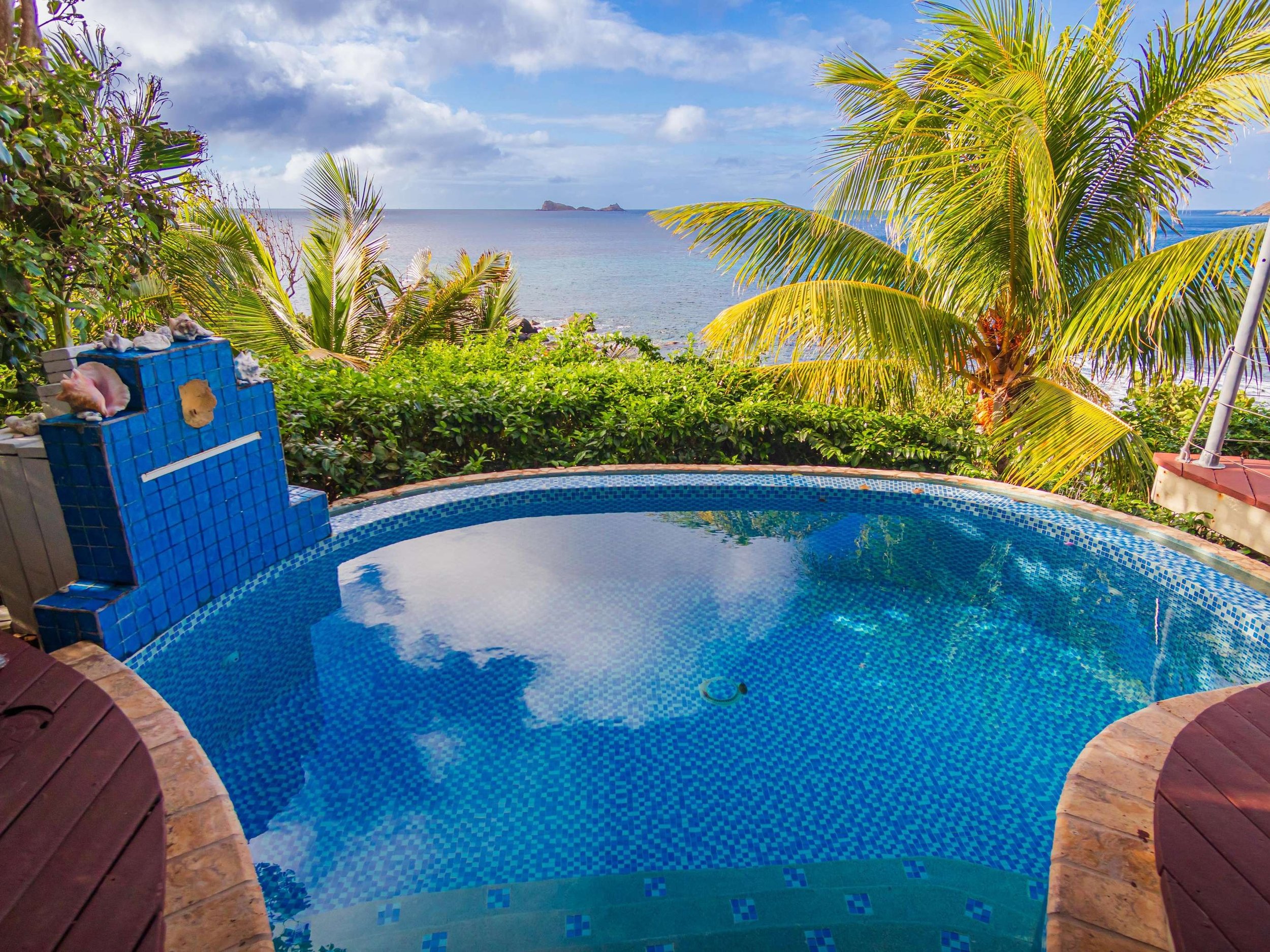 A small round swimming pool overlooking the ocean, surrounded by tropical plants and palm trees, with a distant view of the sea and islands.