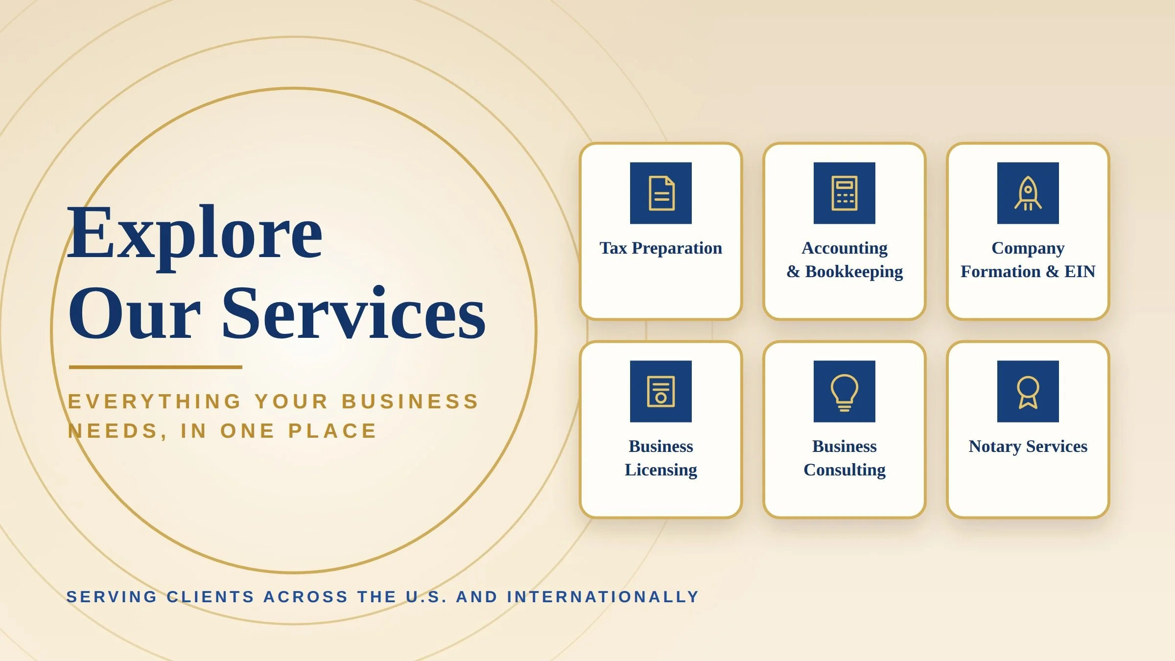 Business services overview with icons for tax preparation, accounting, company formation, licensing, consulting, notarization, and other business-related areas.