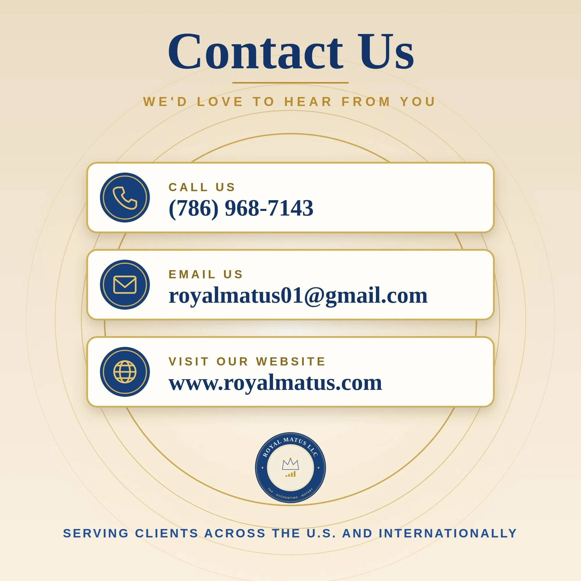 A website contact page with a beige background, featuring a heading 'Contact Us' in large blue letters, a subheading 'We'd love to hear from you' in gold, and contact information with icons for phone and email, plus a website link at the bottom.