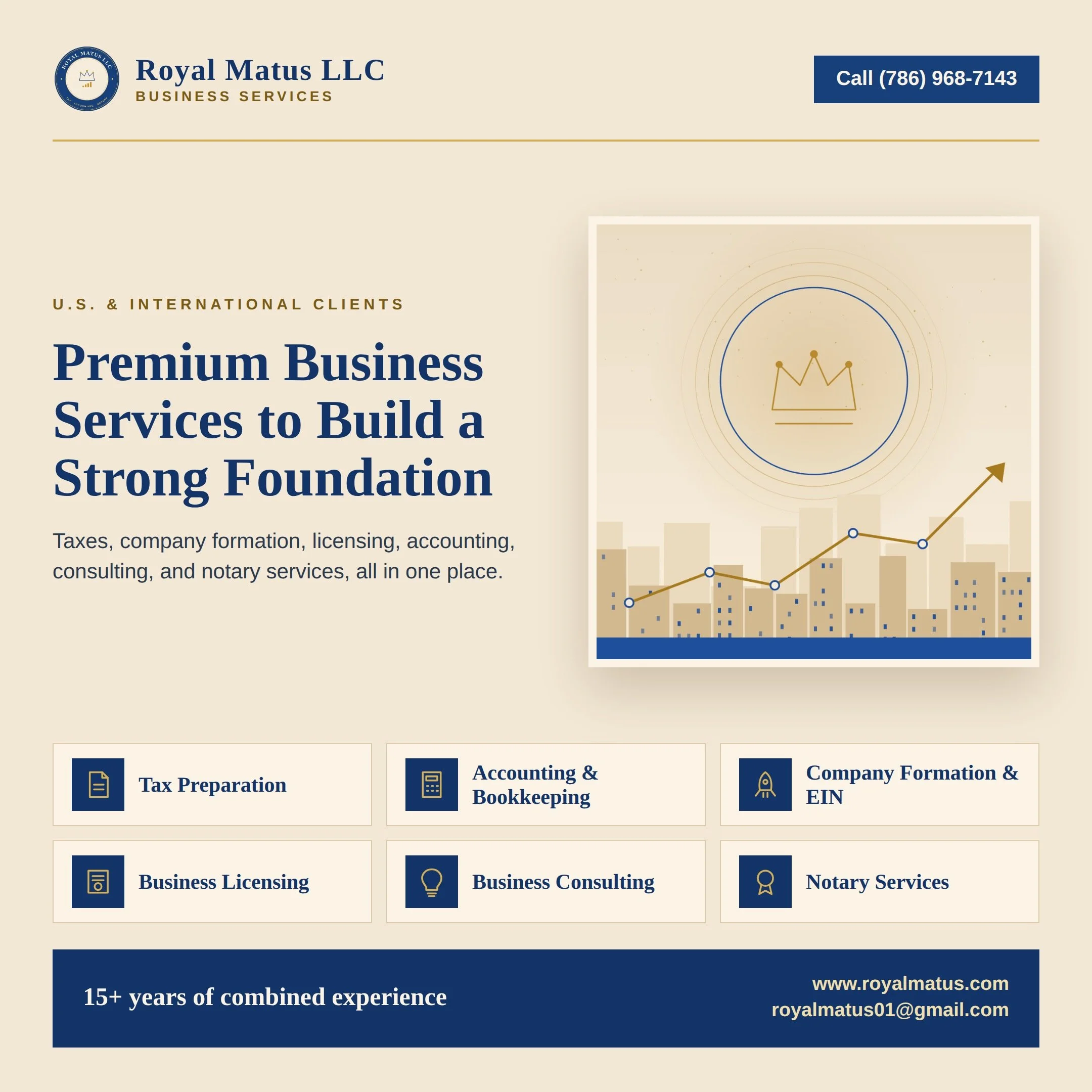 Business services advertisement for Royal Matus LLC, highlighting expertise in taxes, company formation, licensing, accounting, and notary services with contact information and a graphical chart with a crown icon.
