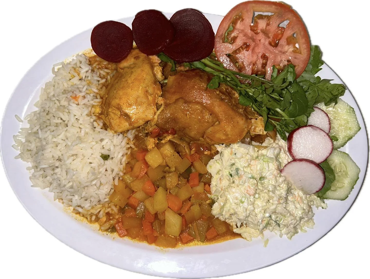 A plate of food with white rice, cooked vegetables, chicken in sauce, salad greens, sliced tomato, cucumber, radish, beet slices, and a portion of coleslaw.