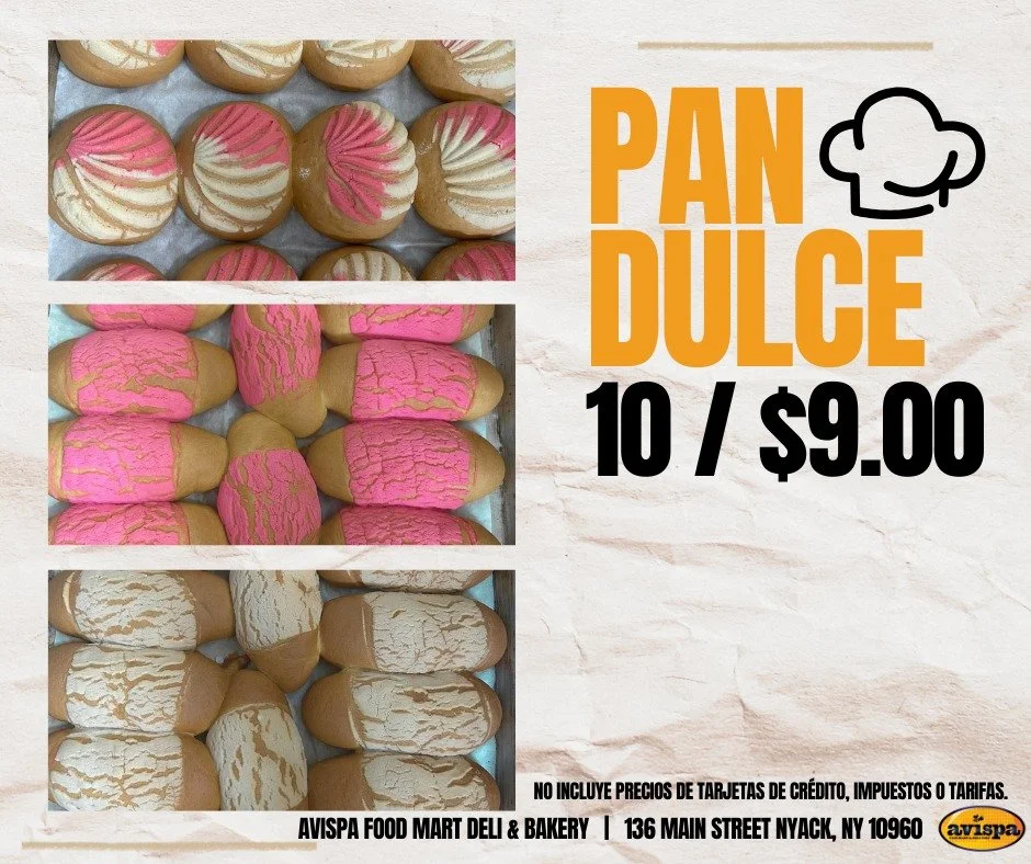 Images of assorted baked pan dulce, mainly Salvadoran and Guatemalan, are displayed for sale at Avíspa Food Mart Deli & Bakery. The sign advertises a deal of 10 pan dulces for $9.00.