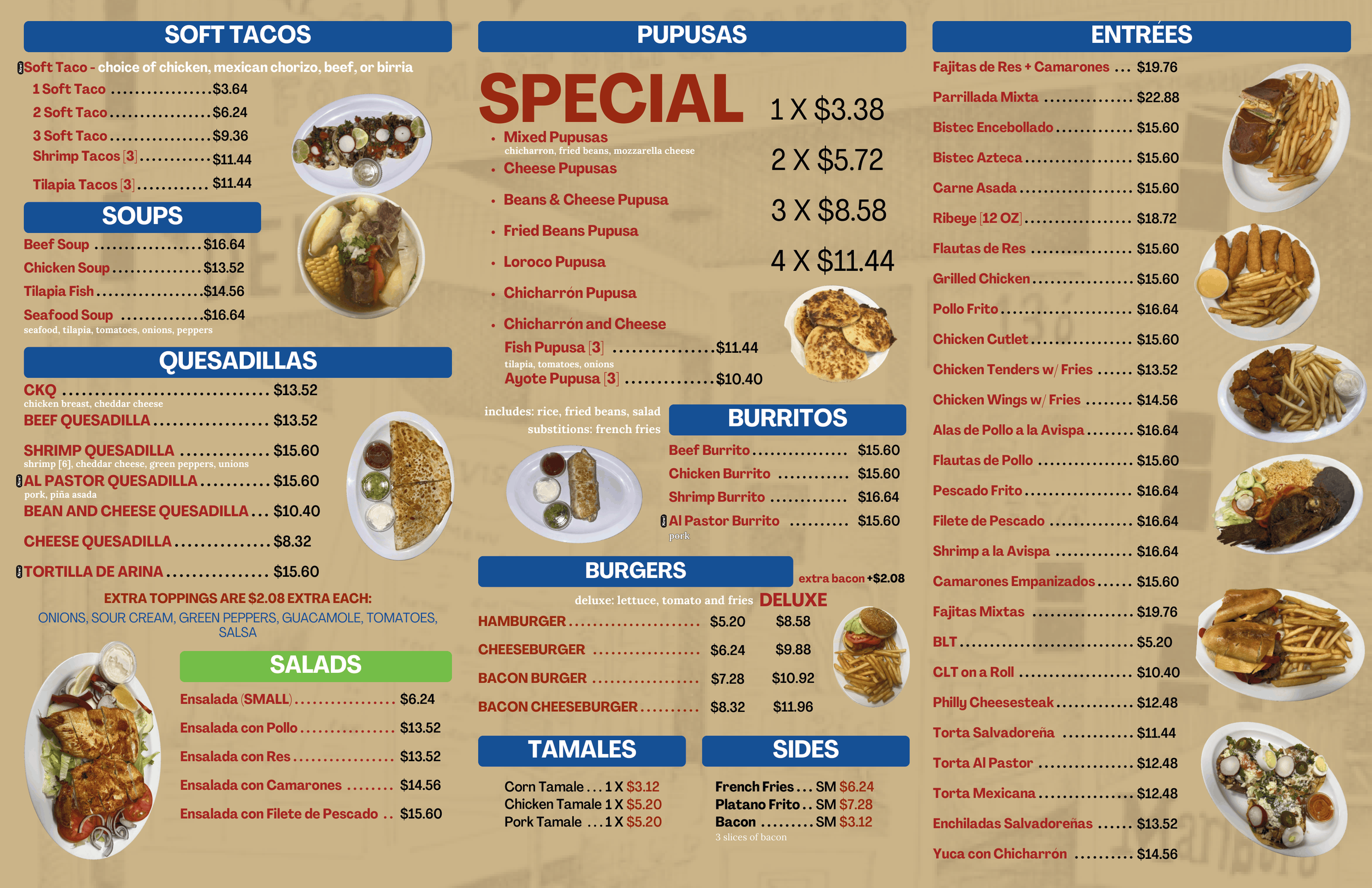 Avispa Food Mart & Deli restaurant menu featuring sections for soft tacos, soups, quesadillas, pupusas, burritos, salads, tamales, sides, entrees, and desserts with prices and images of some dishes.