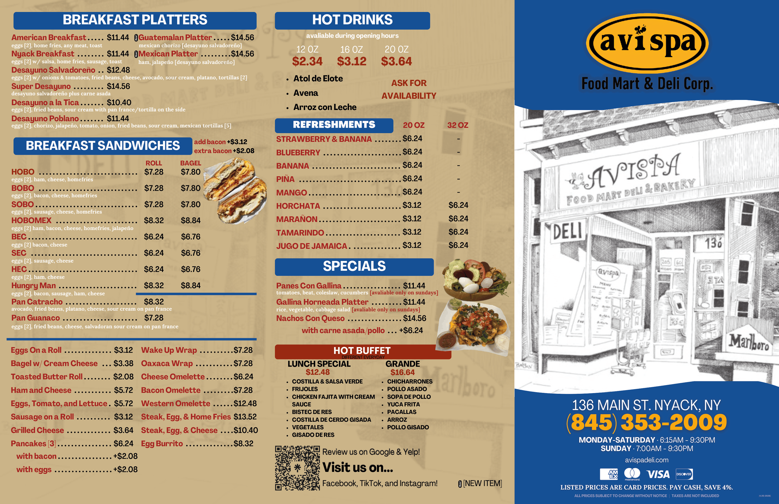 Menu for Avispa Food Mart & Deli Corp. located in Nyack, New York, featuring breakfast platters, sandwiches, drinks, specials, and hot buffet options with prices listed. Contact information and operating hours are also included.