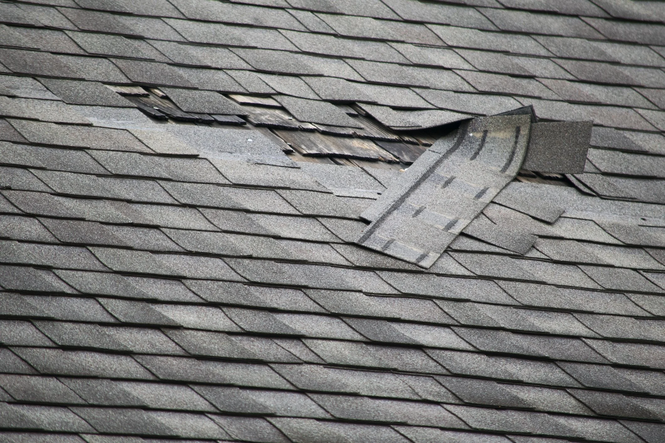 Damaged asphalt shingle roof with a missing section and displaced shingles.