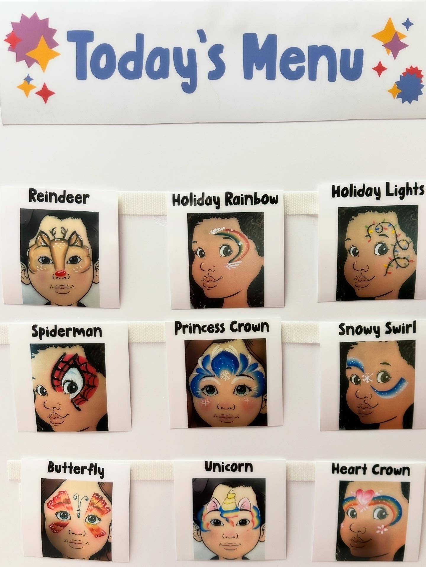 Spent the morning painting faces at a daycare center grand opening party, got to use my tiny brushes on tiny faces making tiny designs- lots of reindeers and princess crowns (little did I know Elsa and Anna would be making a guest appearance themselv