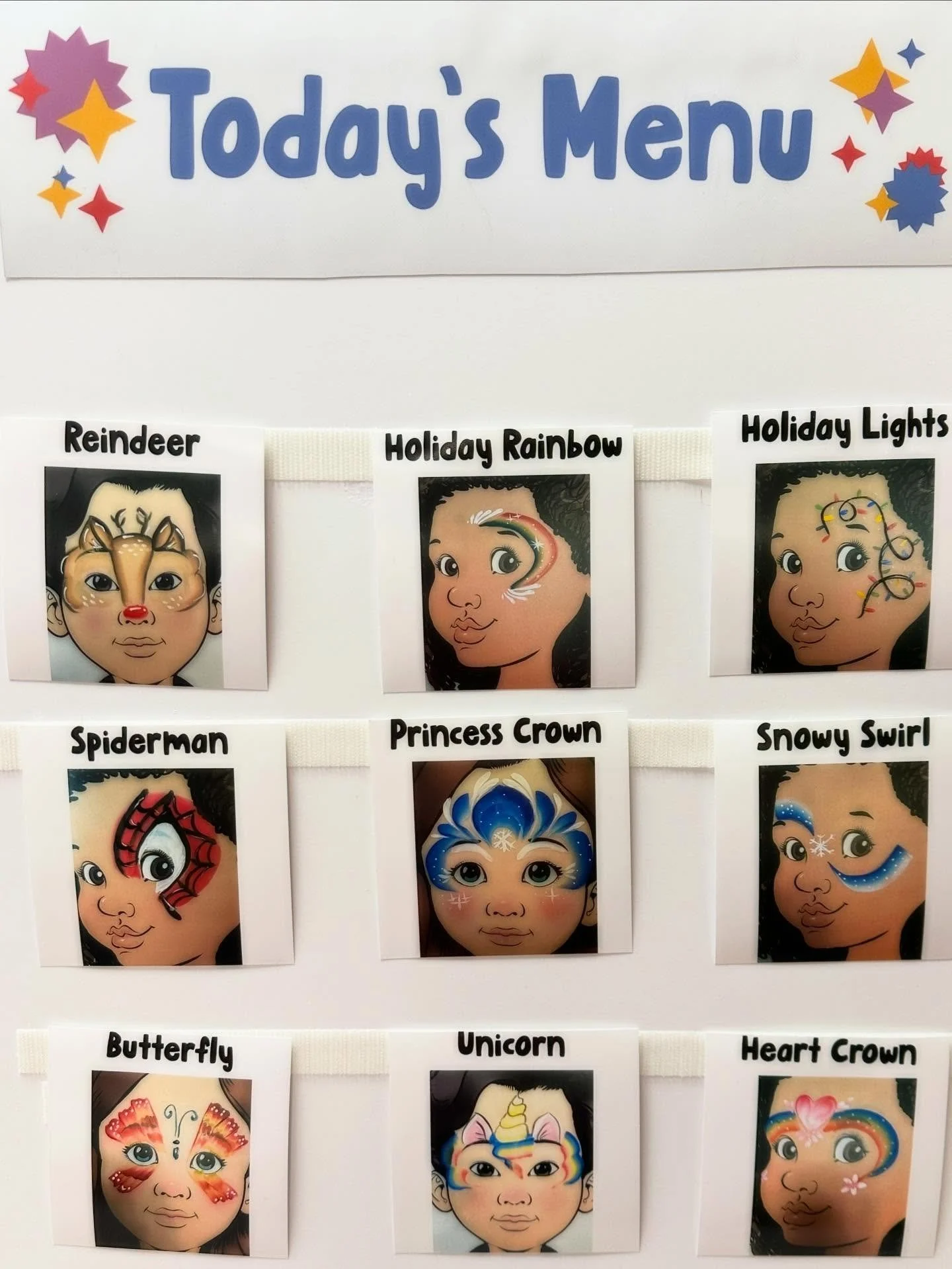 Spent the morning painting faces at a daycare center grand opening party, got to use my tiny brushes on tiny faces making tiny designs- lots of reindeers and princess crowns (little did I know Elsa and Anna would be making a guest appearance themselv