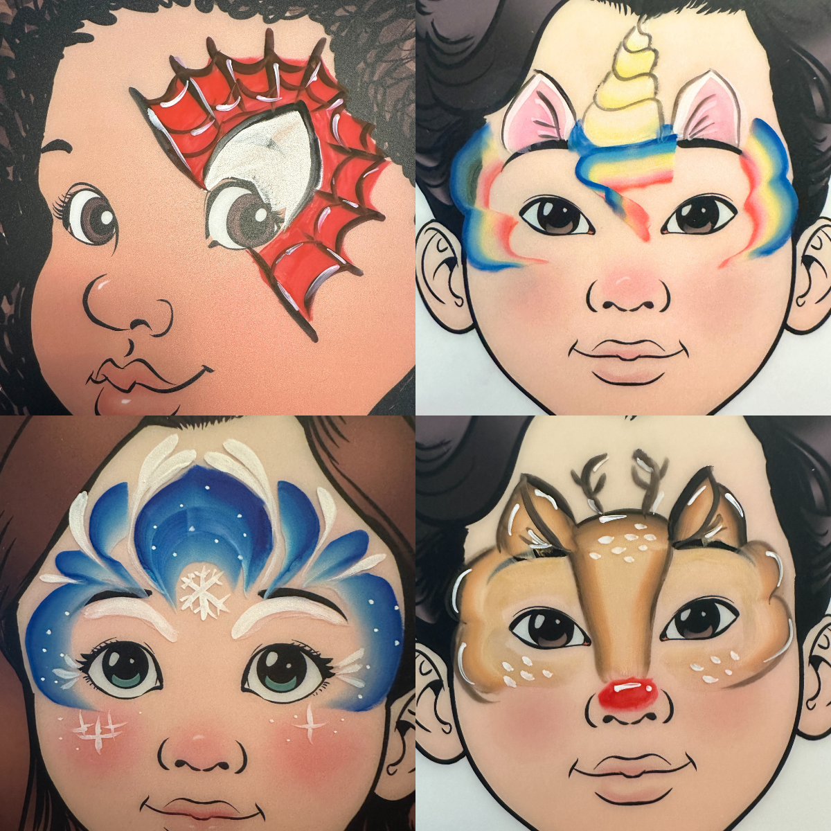 Four illustrations of children with festive themes, each with a label: Reindeer, Holiday Rainbow, Spiderman, Princess Crown.