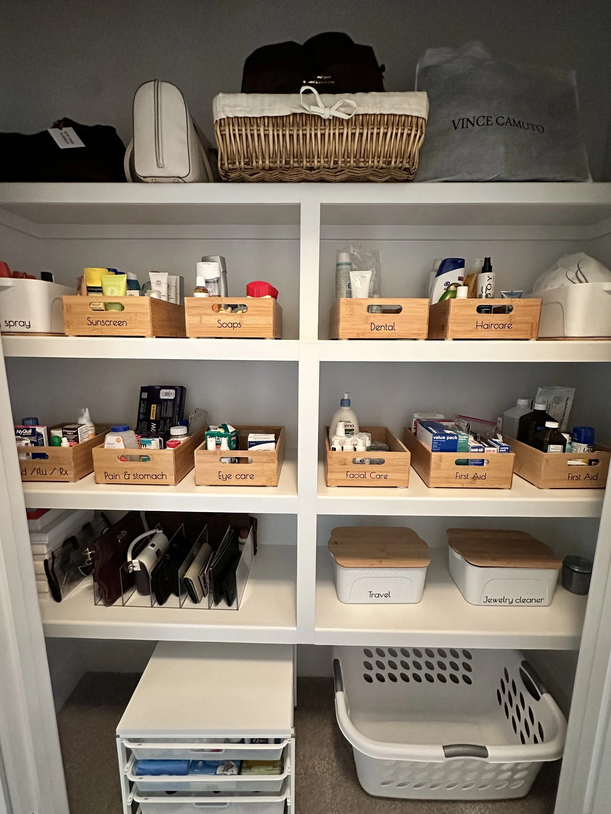 Open, visible storage helps ADHD brains remember what they own. Professionally organized closet has clear labels for easy mainenance.