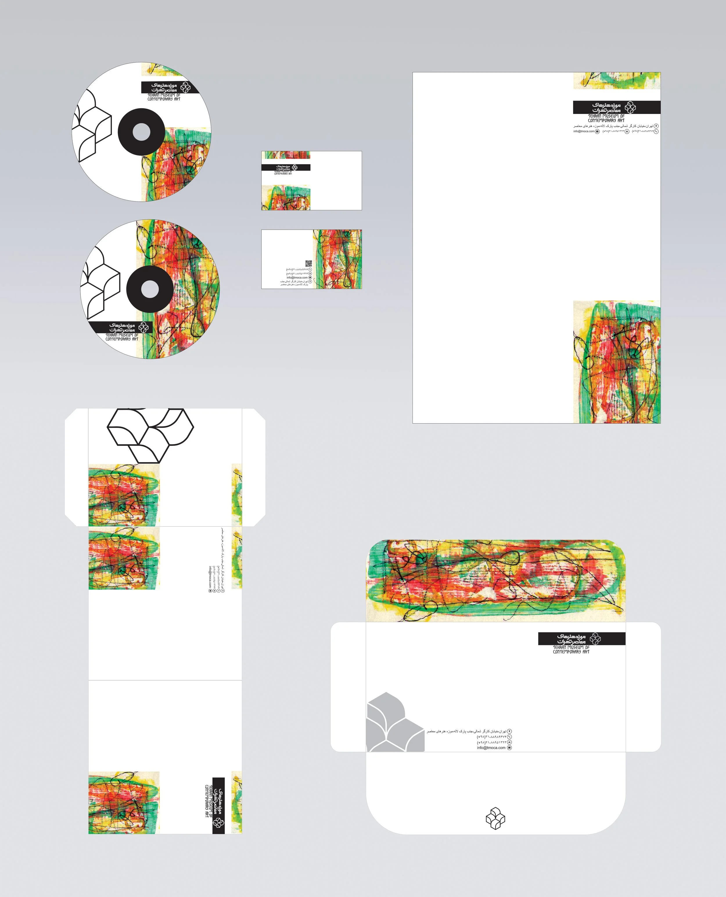 This is another approach to designing the brand stationery for the Museum of Contemporary Art, Tehran. In this iteration, I incorporated textures inspired by Jackson Pollock to express a more expressive and artistic dimension of the museum’s identity