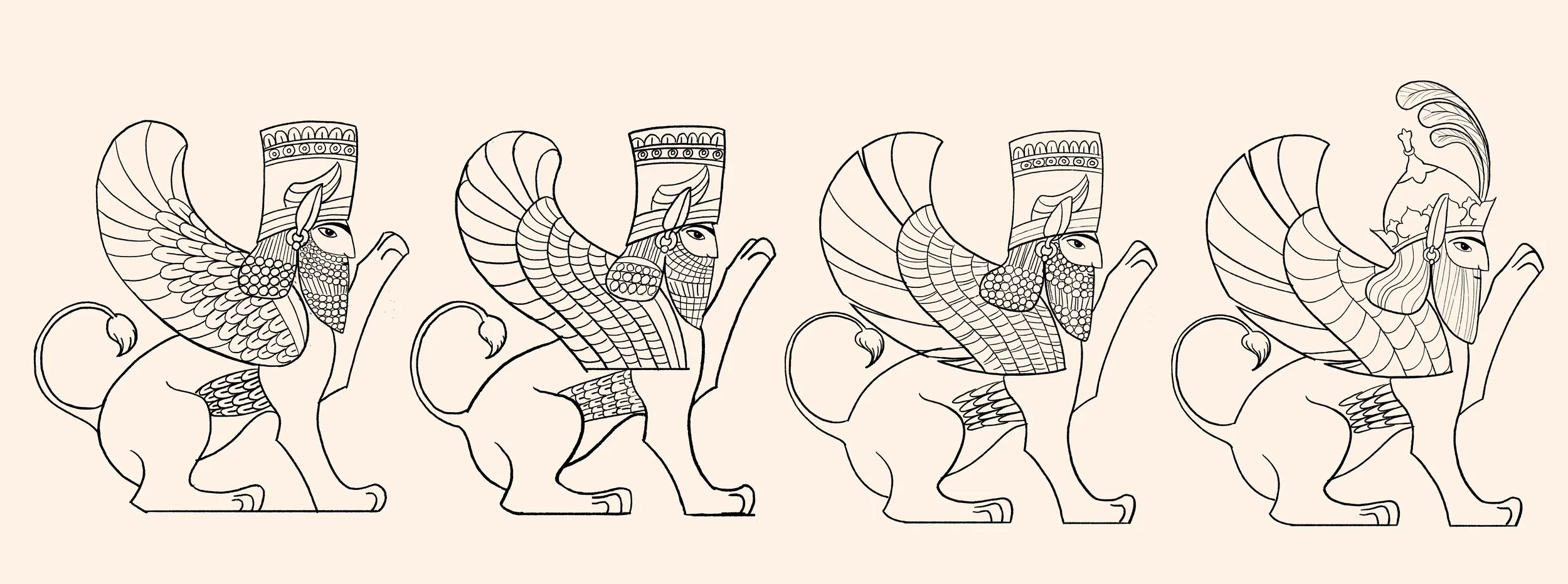 Character design explorations for Gopat-Shah (Ancient Persian Mythical Sphinx)