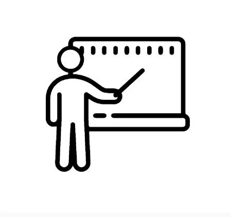 A person standing in front of a whiteboard or chalkboard, pointing at it with a stick or pointer, used for teaching or presentation.