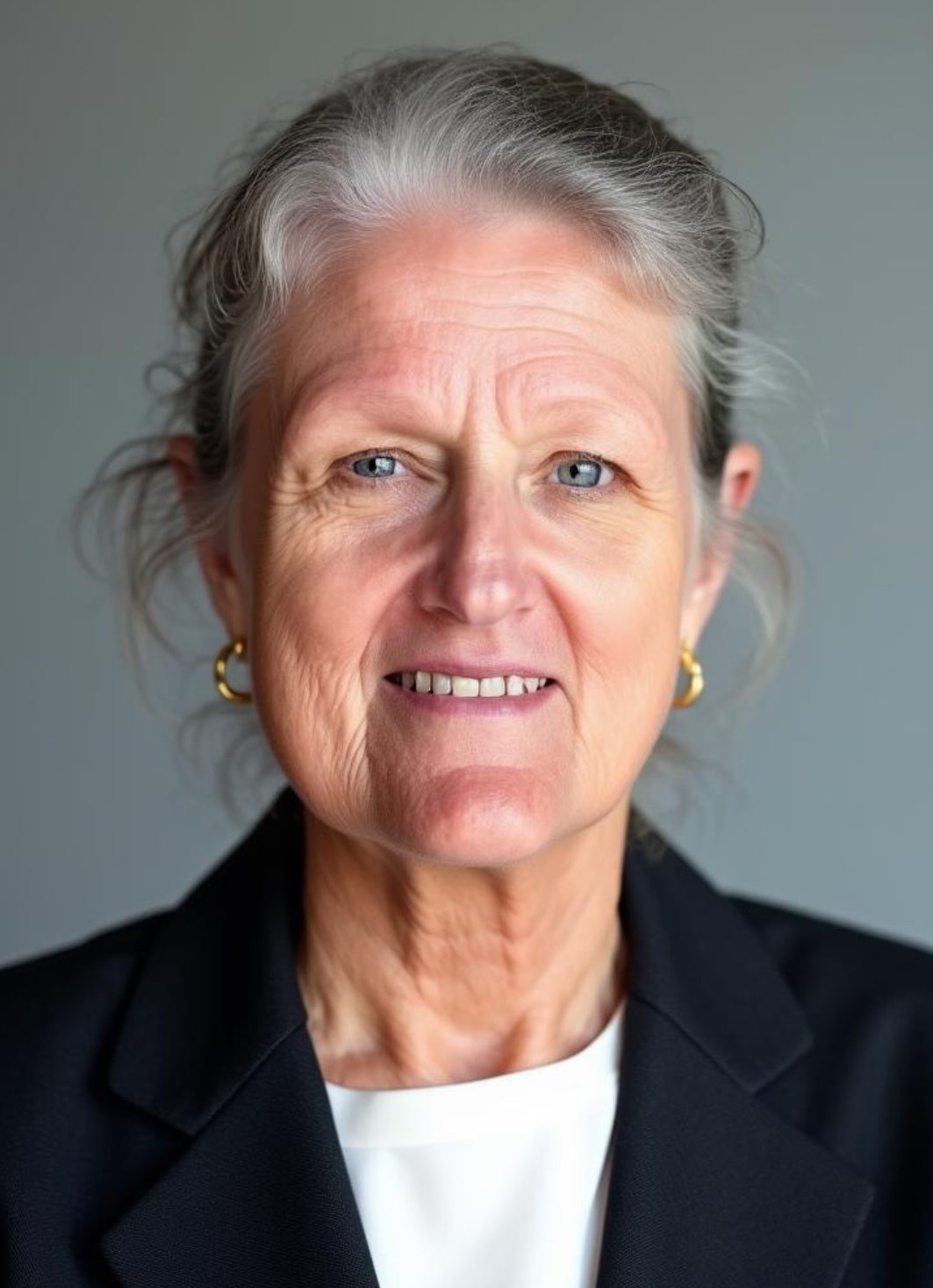 Close-up portrait of an elderly woman with gray hair, blue eyes, wearing a black blazer, white top, and gold hoop earrings, smiling slightly.