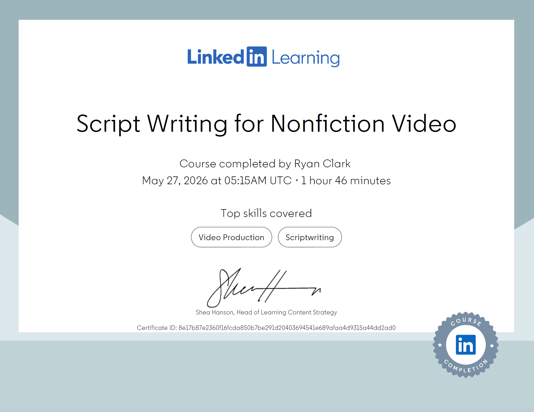 LinkedIn Learning Certifications - MDIA 3233