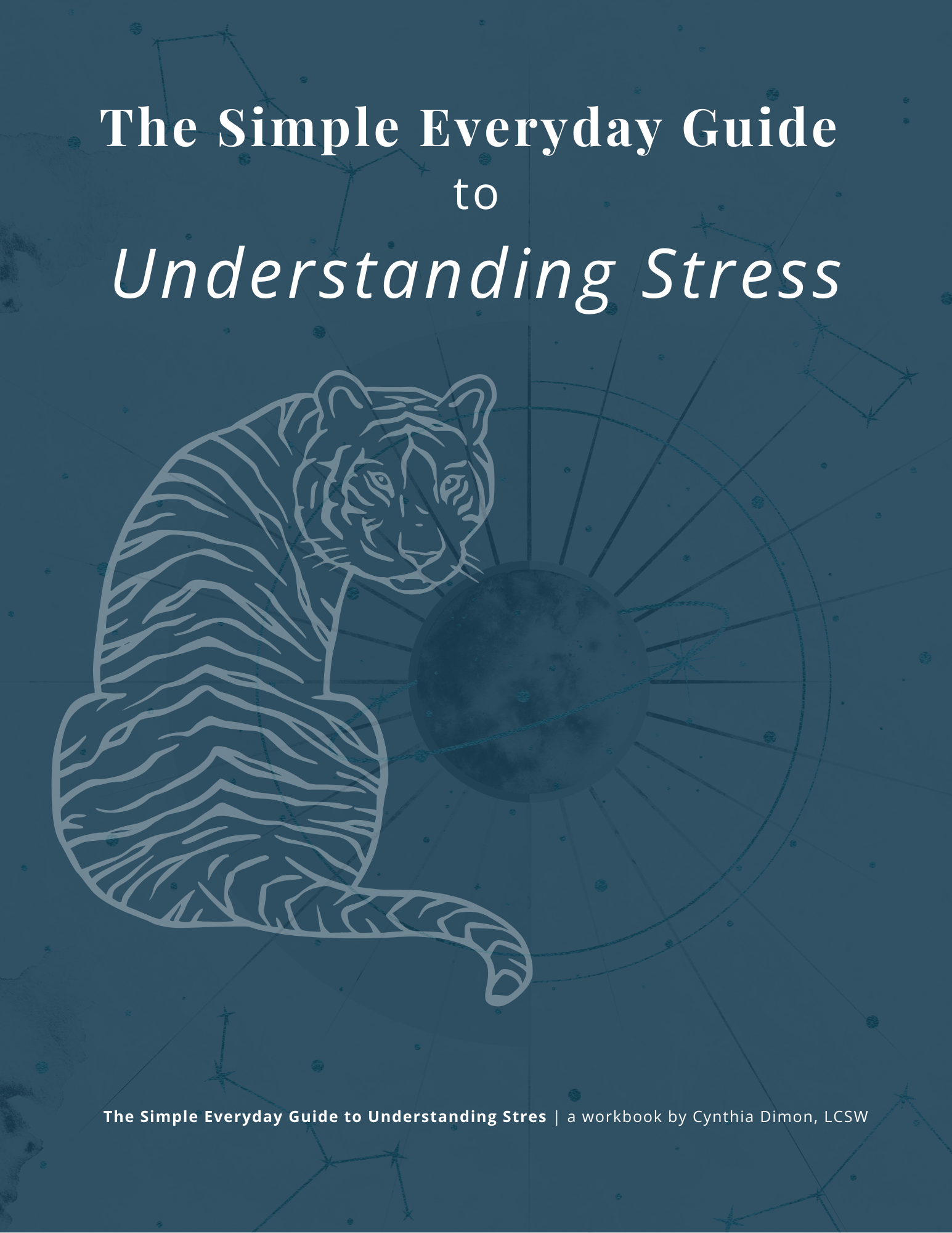 Cover of a book titled "The Simple Everyday Guide to Understanding Stress" with a line drawing of a tiger and a celestial background.