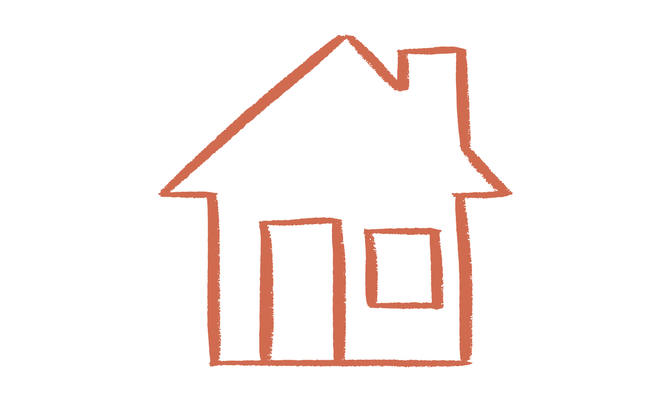 Sketch outline of a house with a triangular roof, a chimney, and three rectangular windows.
