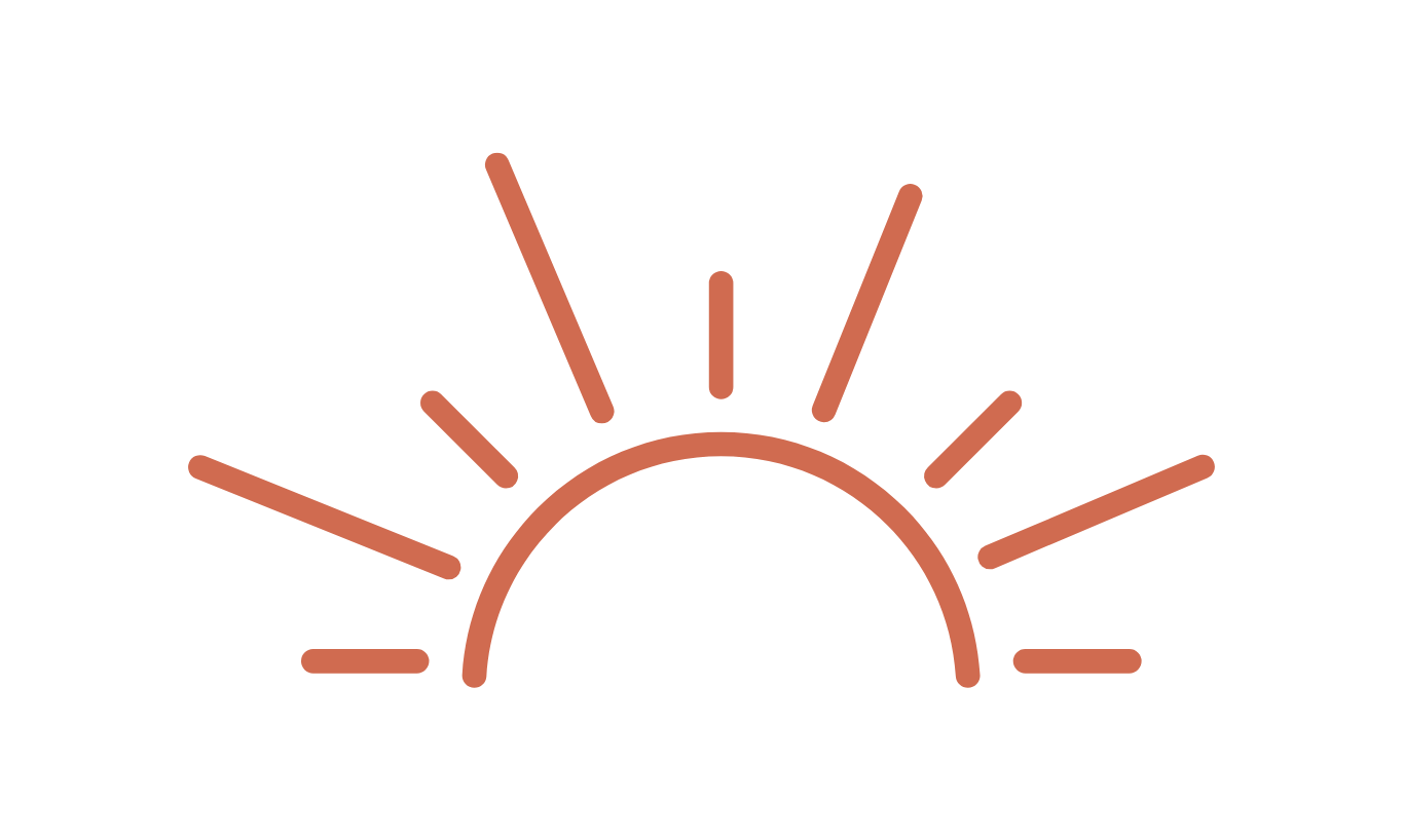 Simple line drawing of a sunrise or sunset with sun partially visible and sun rays extending outward.