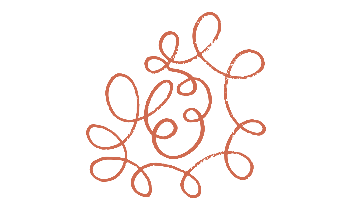 A minimalist, abstract line drawing of a tangled, looping, reddish-brown line on a black background.