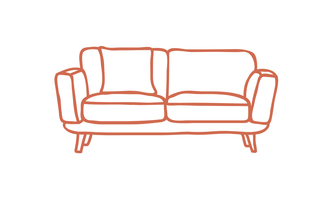 Line drawing of a mid-century modern two-seater sofa with rounded armrests and tapered wooden legs.