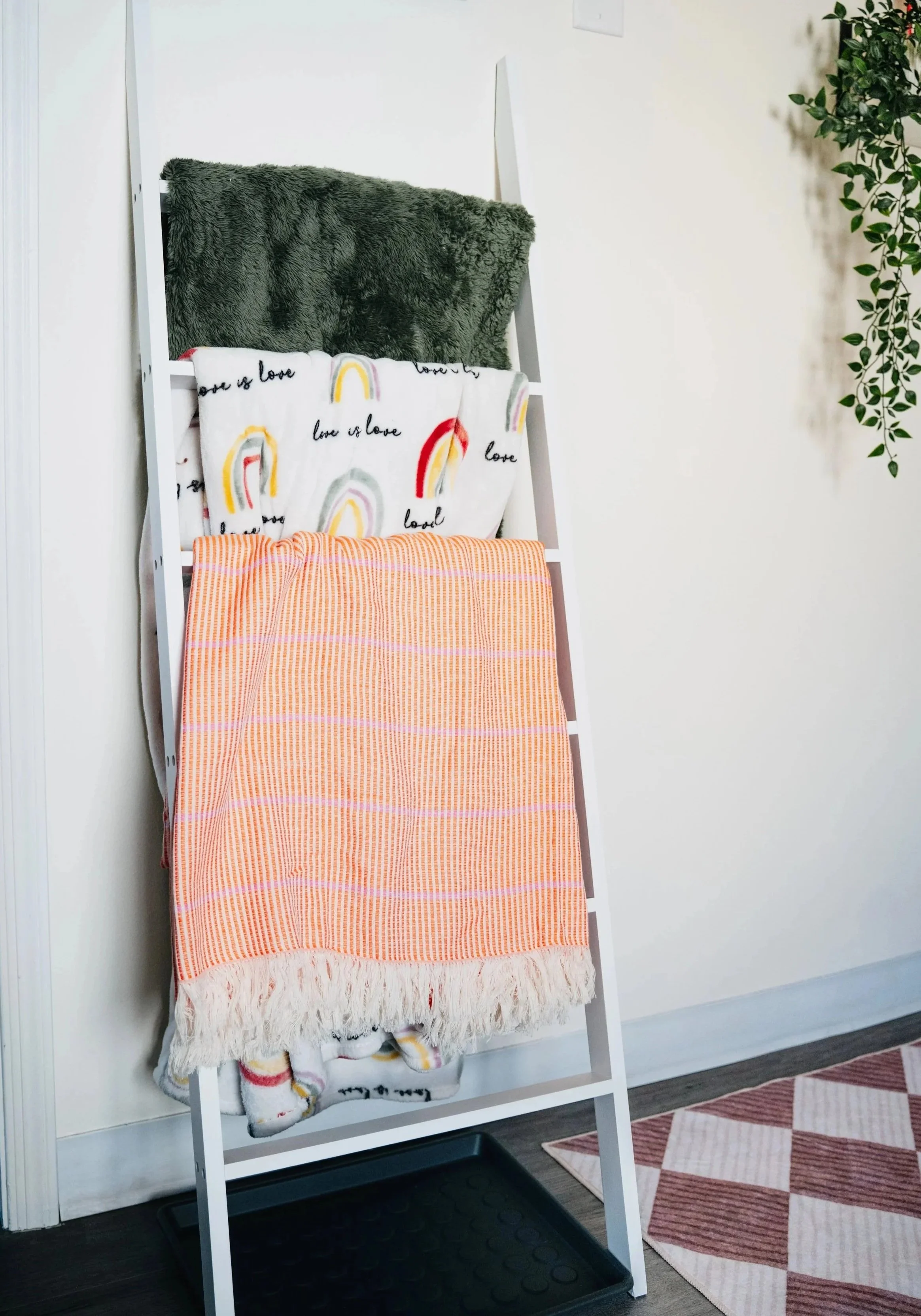 White ladder shelf with three towels hanging on it, including a green fuzzy towel, a white towel with rainbows and the words "love is love," and an orange-striped towel. There is a black tray at the bottom of the ladder, a partial view of a geometric patterned rug on a wooden floor, and part of a green plant on the right side.