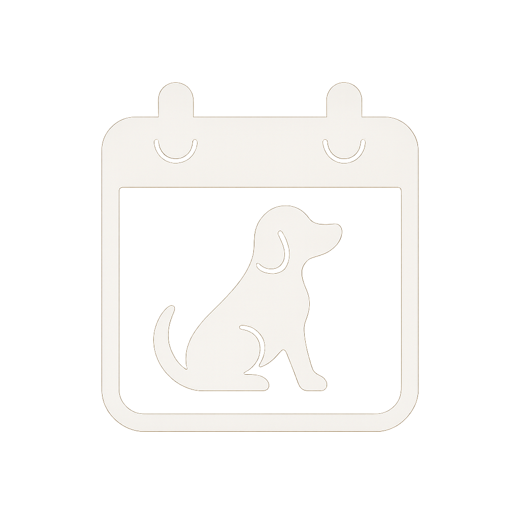 A white silhouette of a calendar with a dog sitting inside, against a black background.