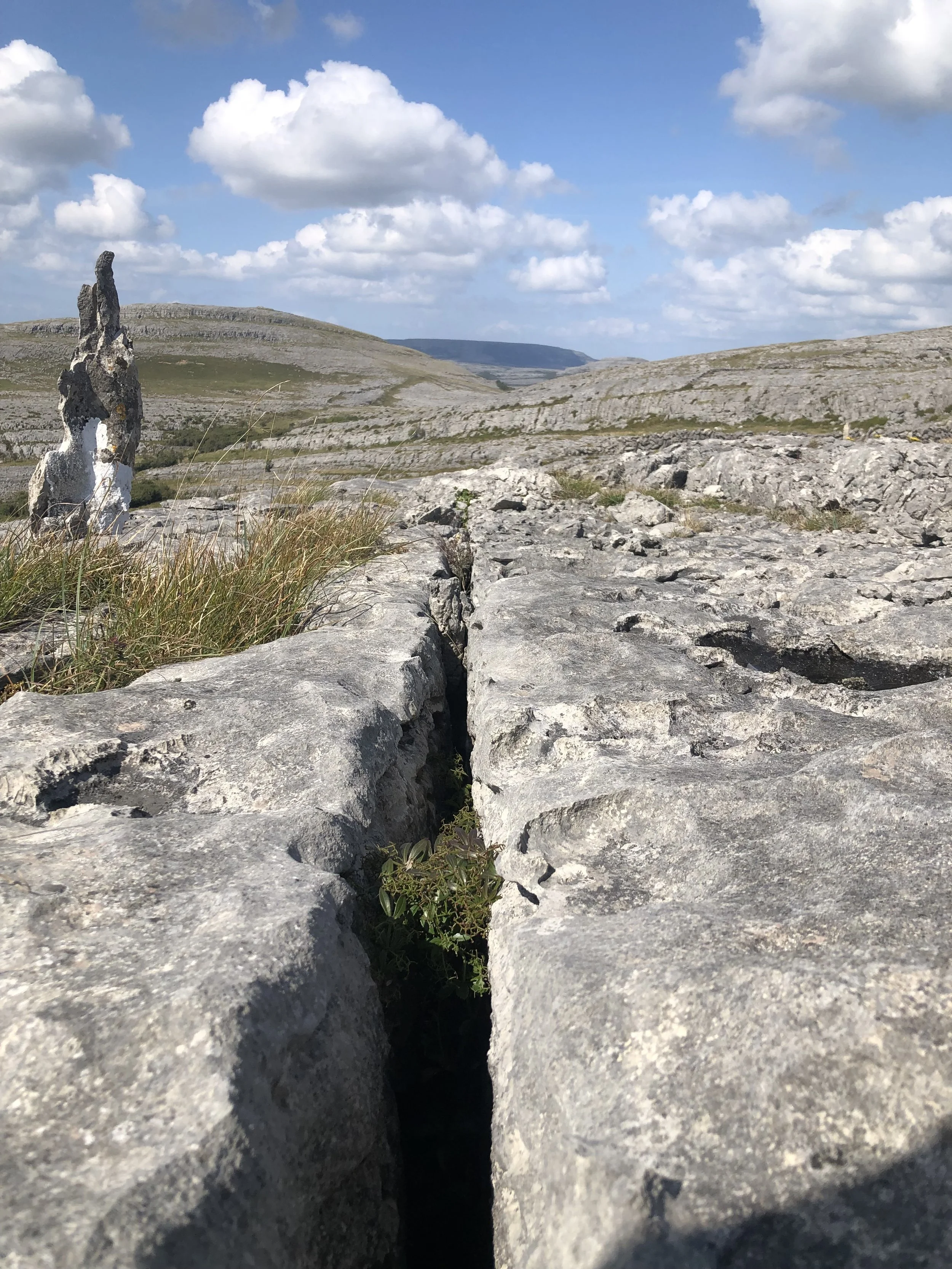 Close-up of dry limestone rocks with a deep fissure running through the center, grass and small plants at the gap, clear sky with scattered clouds overhead, and rolling limestone hills in the background.