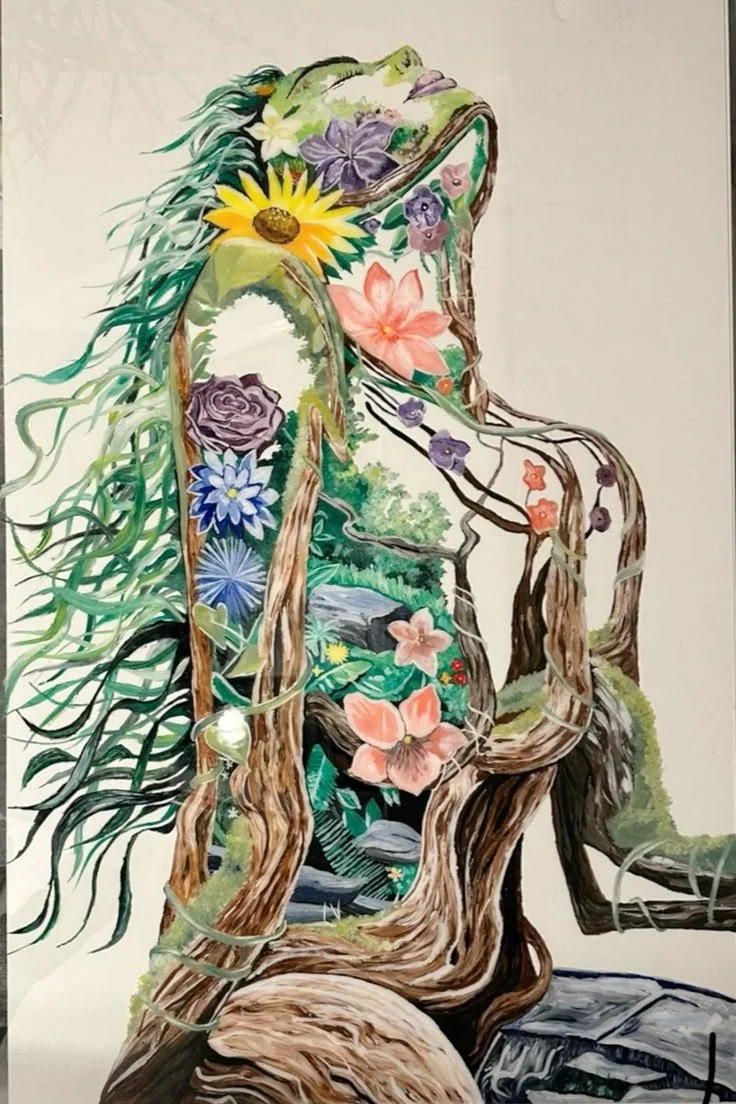 A colorful painting of a wooden figure composed of intertwined branches and flowers, with flowing green hair and various flowers integrated into the structure.