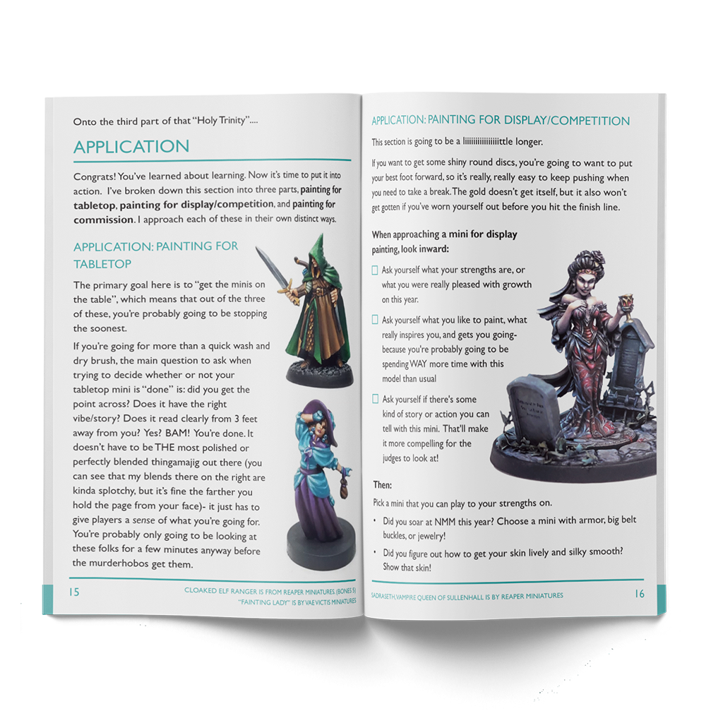 Open hobbyist or instructional book with painted miniatures of fantasy characters, including an elf ranger and a vampire queen, with text about painting miniatures for display and competition.