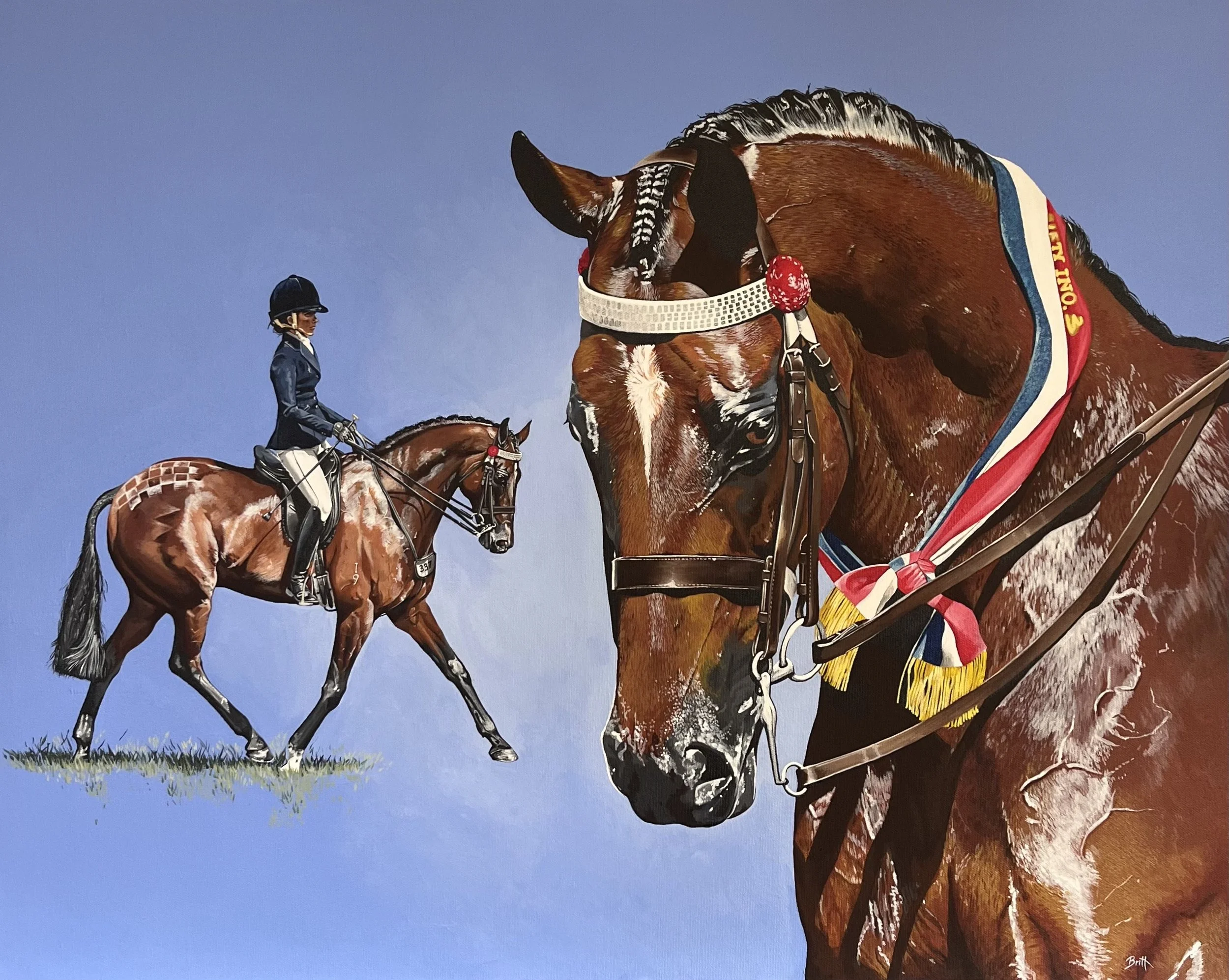 Painting of a female equestrian riding a horse in the background and a close-up of a decorated horse's head in the foreground against a blue sky.