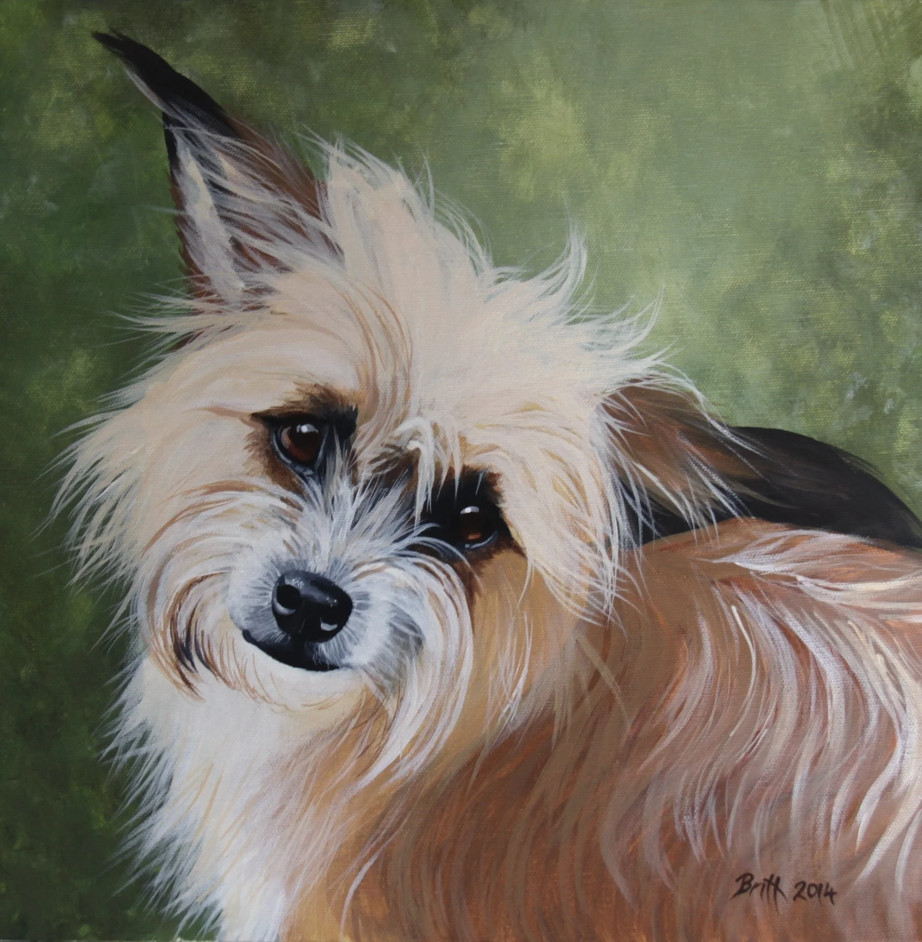 A painting of a small, fluffy dog with light-colored fur, dark eyes, and a black nose, set against a green background.