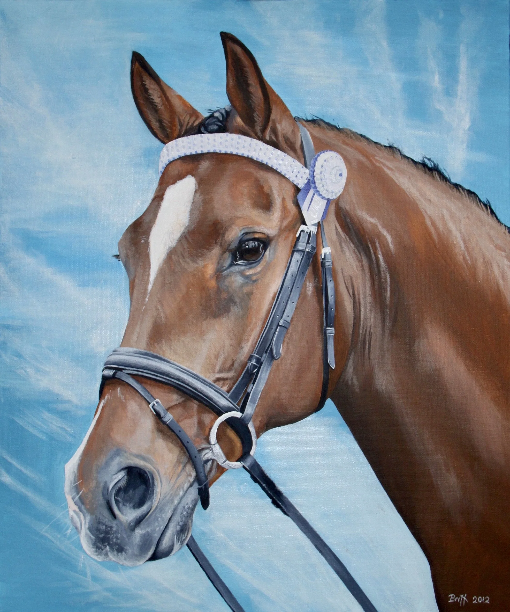 A detailed painting of a brown horse with a white stripe on its face, wearing a halter and a ribbon rosette on its head, against a cloudy sky background.