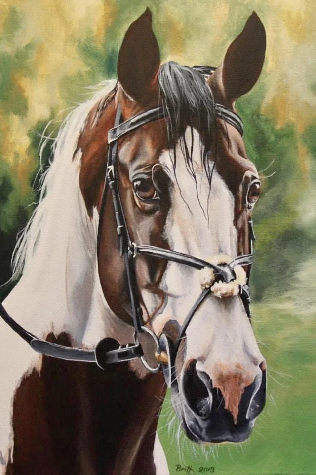 Close-up painting of a brown and white horse with a black mane, wearing a bridle, against a green and yellow background.