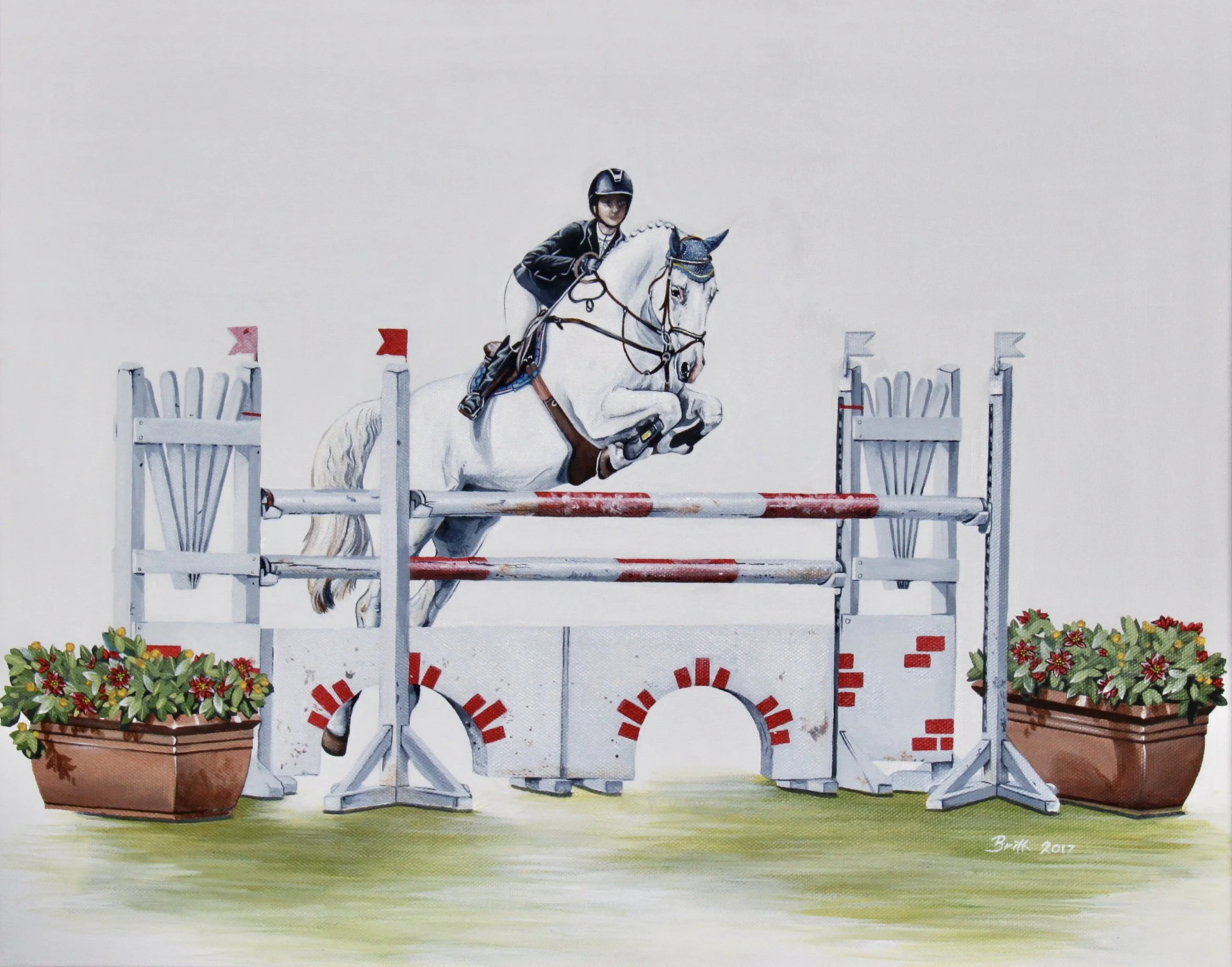 Painting of an equestrian rider in a black riding jacket and helmet jumping over a red and white show jumping obstacle on a white horse, with potted flowers on either side.
