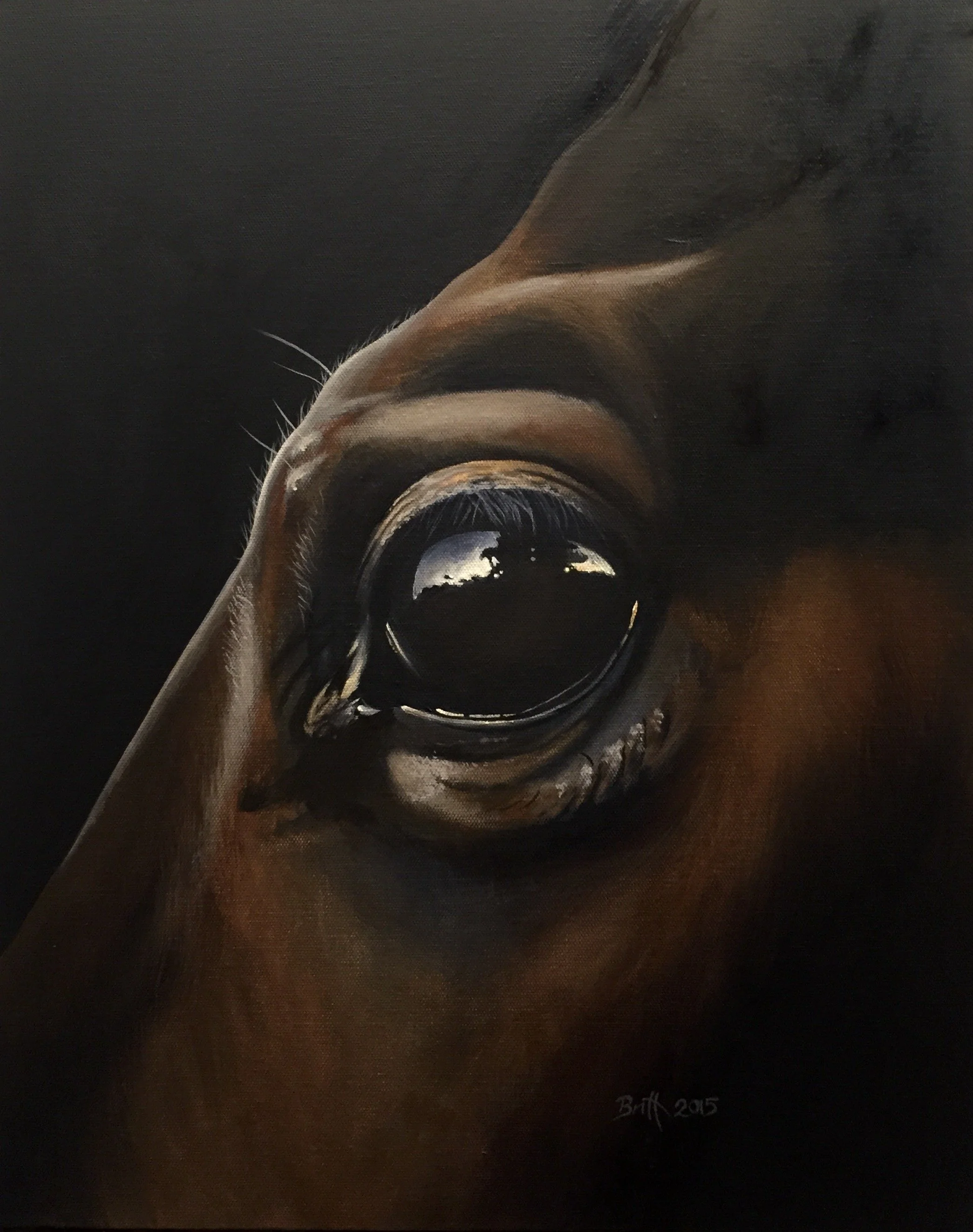 Close-up painting of a horse's eye with reflection of trees and sky in the pupil, signed 'Brett 2015'.