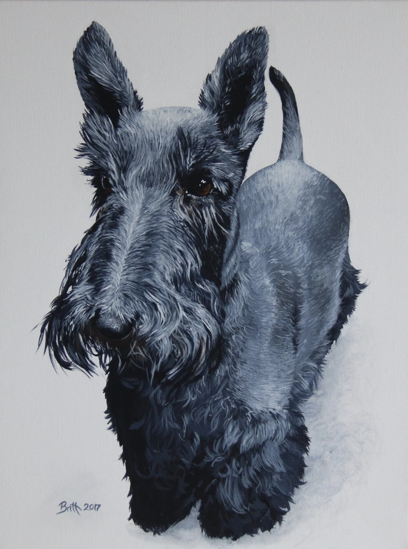 A detailed black and gray painting of a Scottish Terrier dog with a textured coat, standing on a white background.