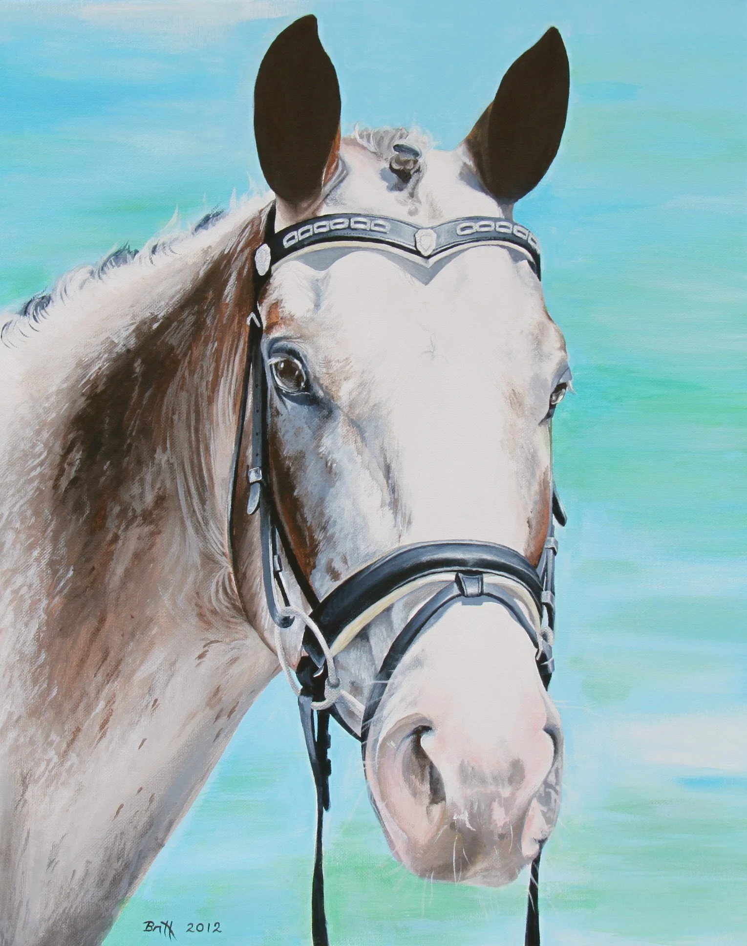 Painting of a white horse with a brown patch on its side, wearing a black bridle, against a light blue and green background.