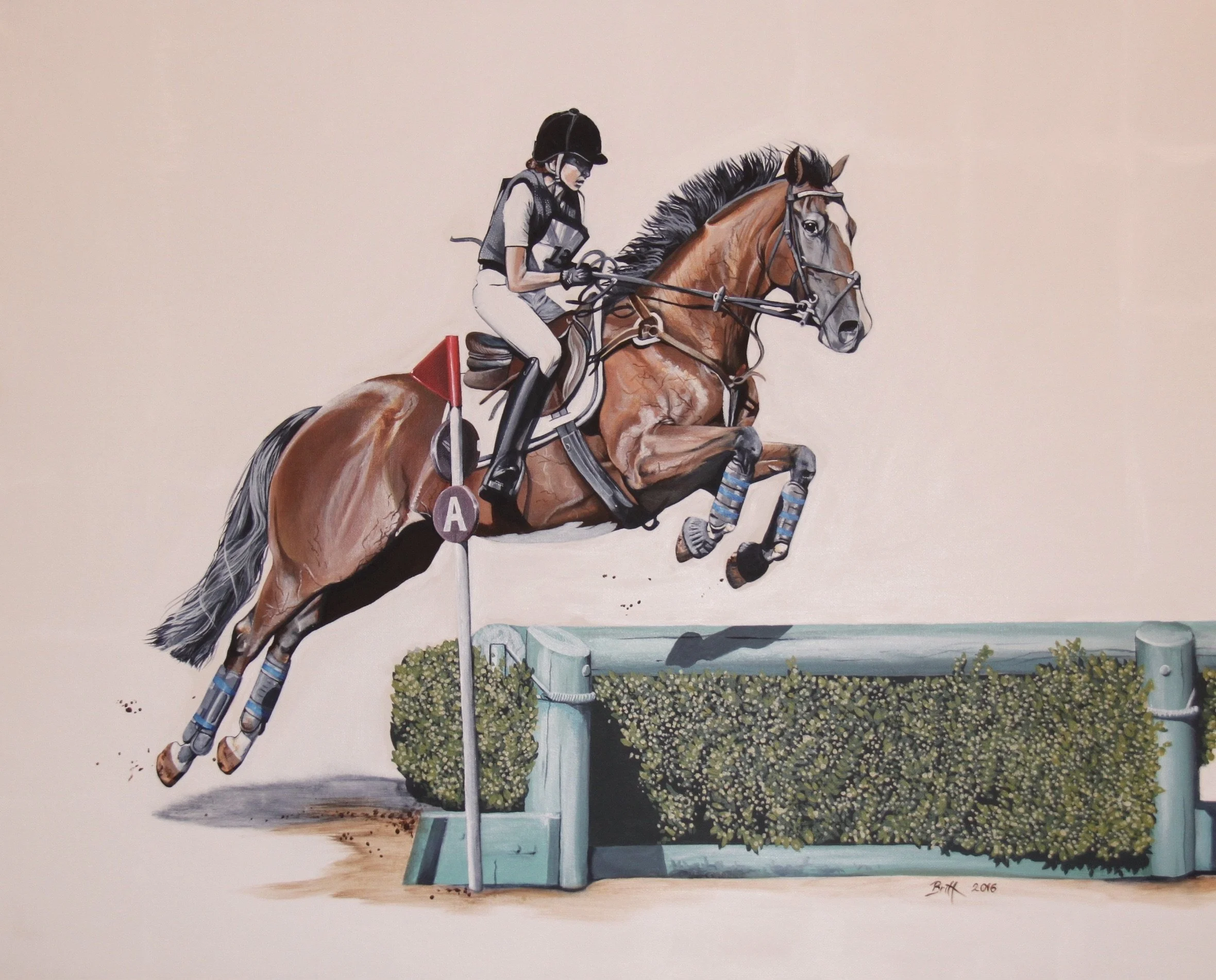 Painting of a horse and rider jumping over a hurdle during an equestrian event.