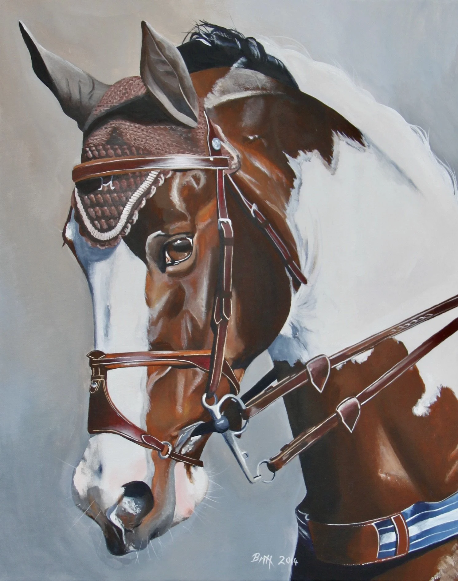 A detailed painting of a brown and white horse wearing a bridle, saddle, and protective headgear.
