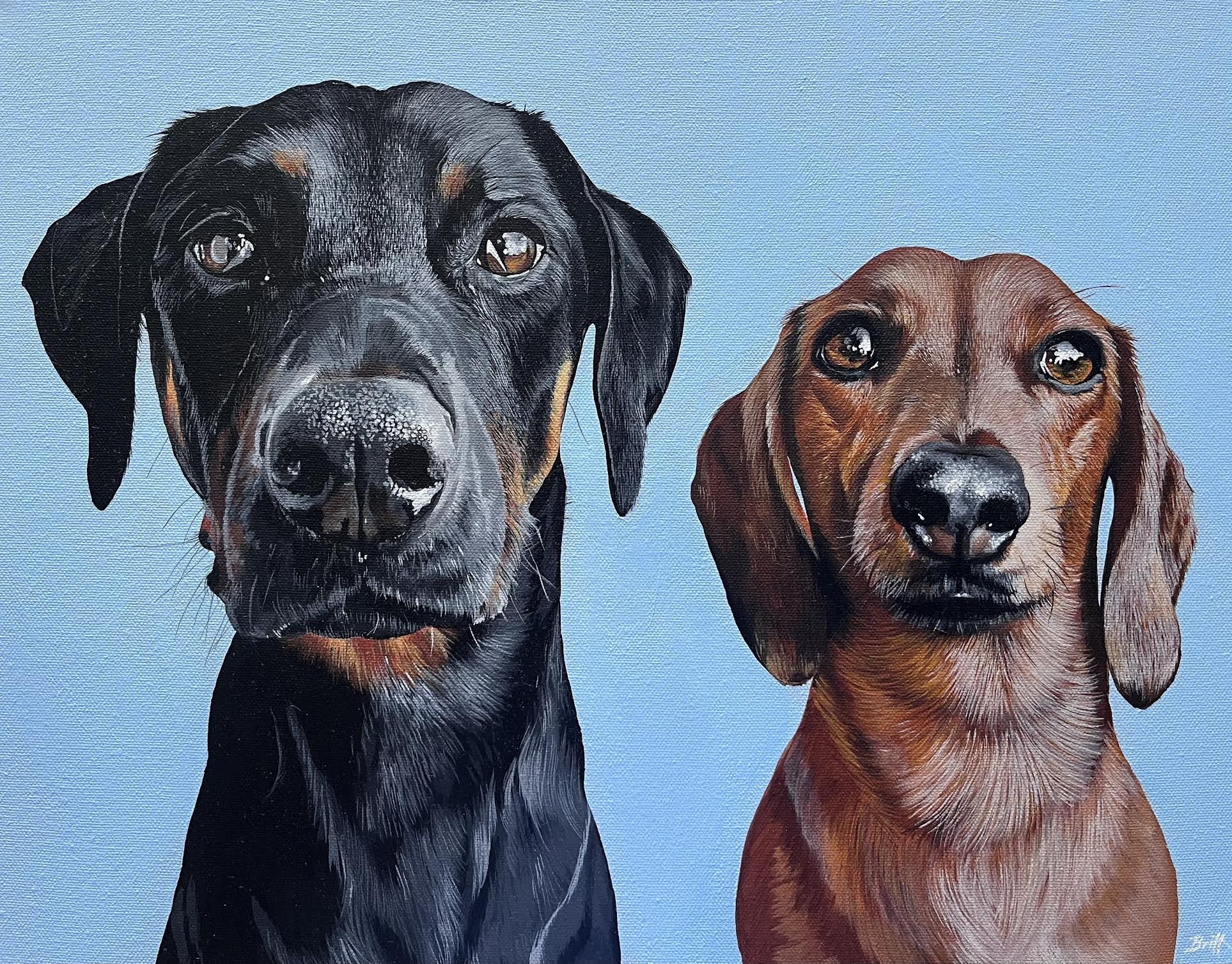 Painting of two dogs, one black and the other brown, against a light blue background.